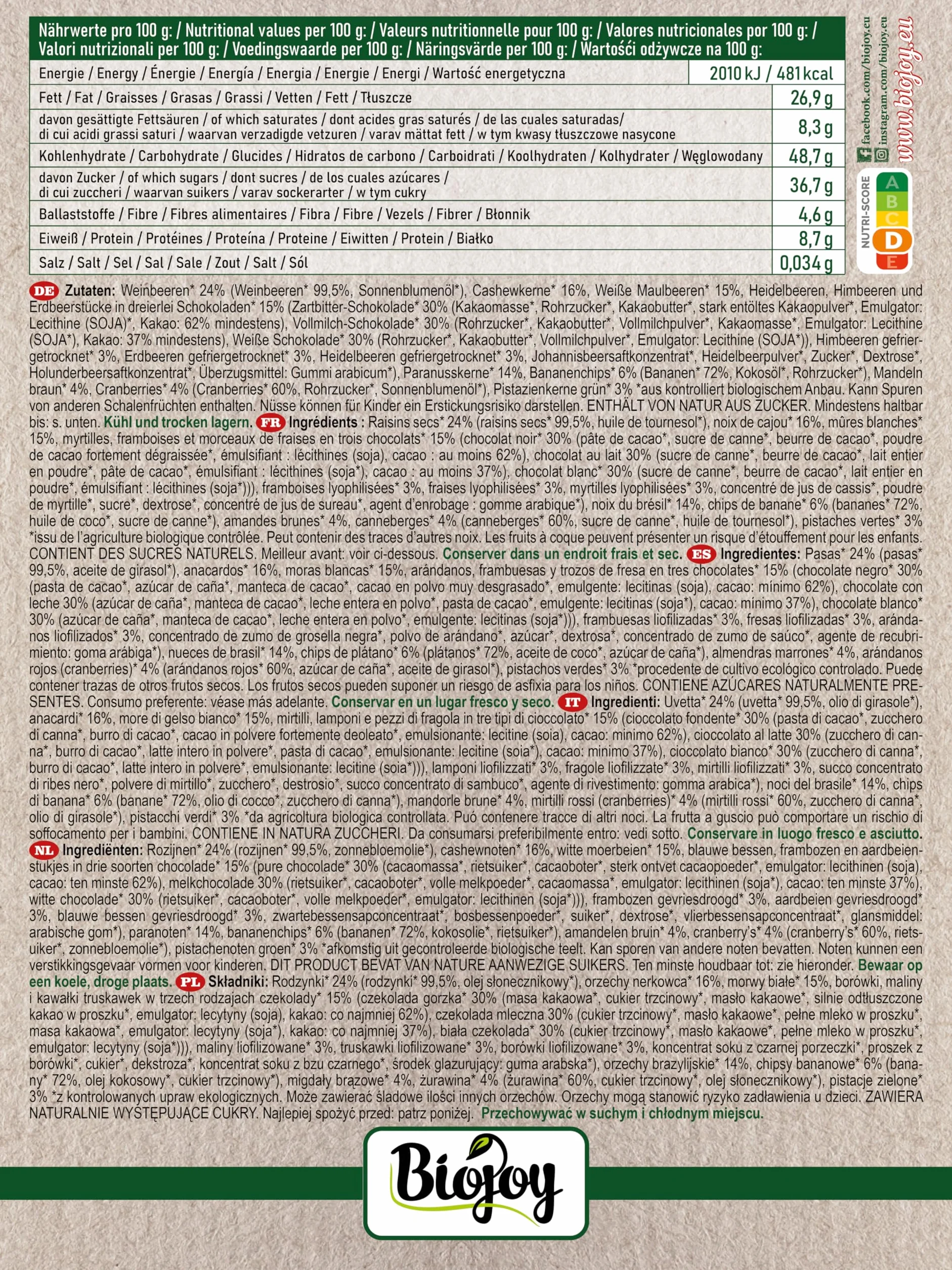 Biojoy Organiczna Zimowa Radość – mieszanka orzechowo-owocowa (500 g) z rodzynkami, orzechami nerkowca, migdałami i liofilizowanymi jagodami w trzech rodzajach czekolady