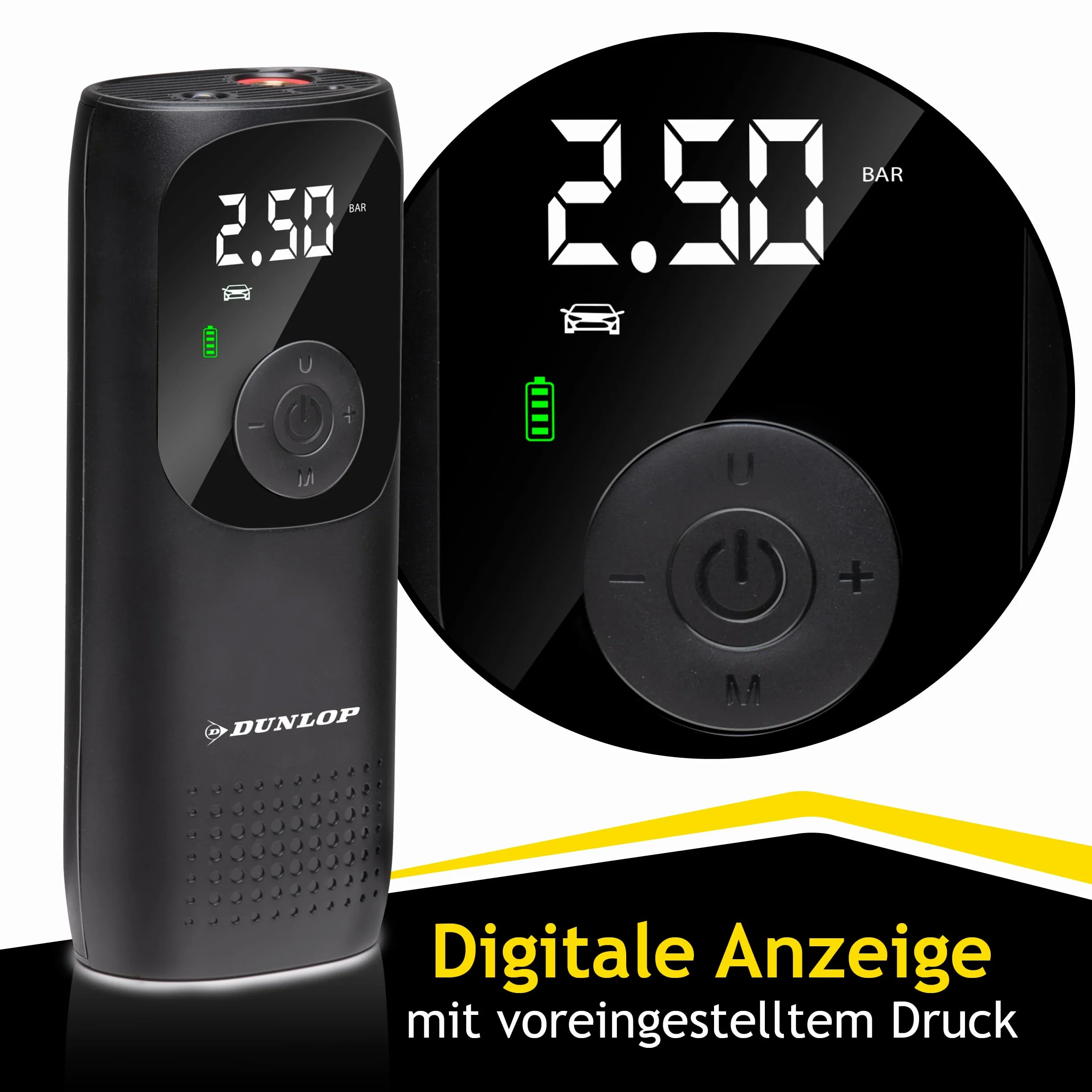 Dunlop Przenośna sprężarka powietrza 150 PSI - Bezprzewodowa pompka do opon z portem USB-C - Pompa rowerowa do wszystkich wentyli - Pompka do piłek - Sprężarka 10 bar z manometrem - Czarny