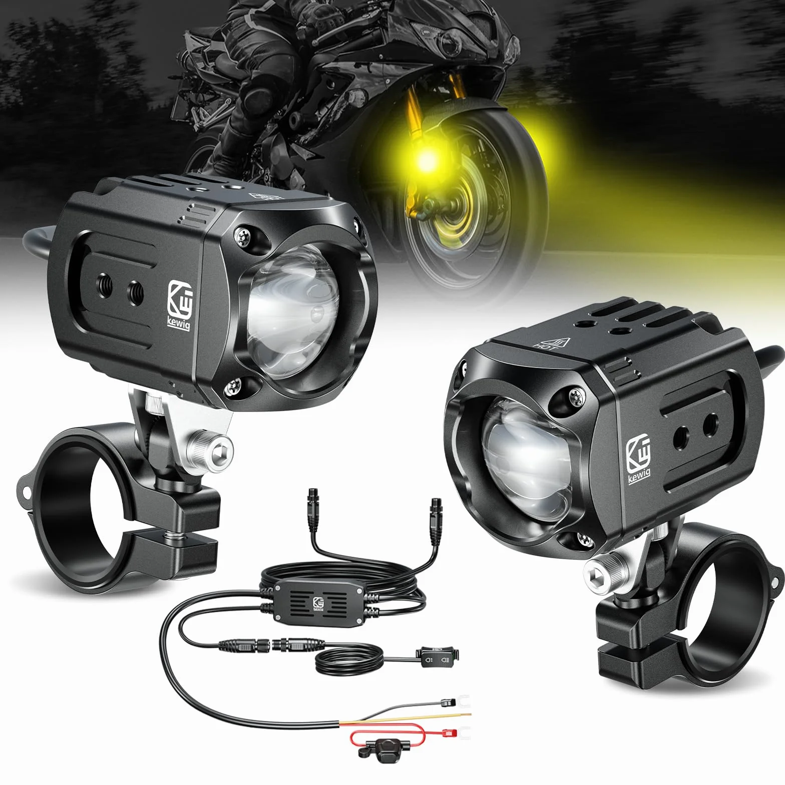 Kewig Dodatkowe światło LED do motocykla, 60 W, bursztynowy/żółto-biały, dwukolorowy, dodatkowy reflektor, reflektor przeciwmgielny z wiązką przewodów, reflektor roboczy offroad, kompatybilny z