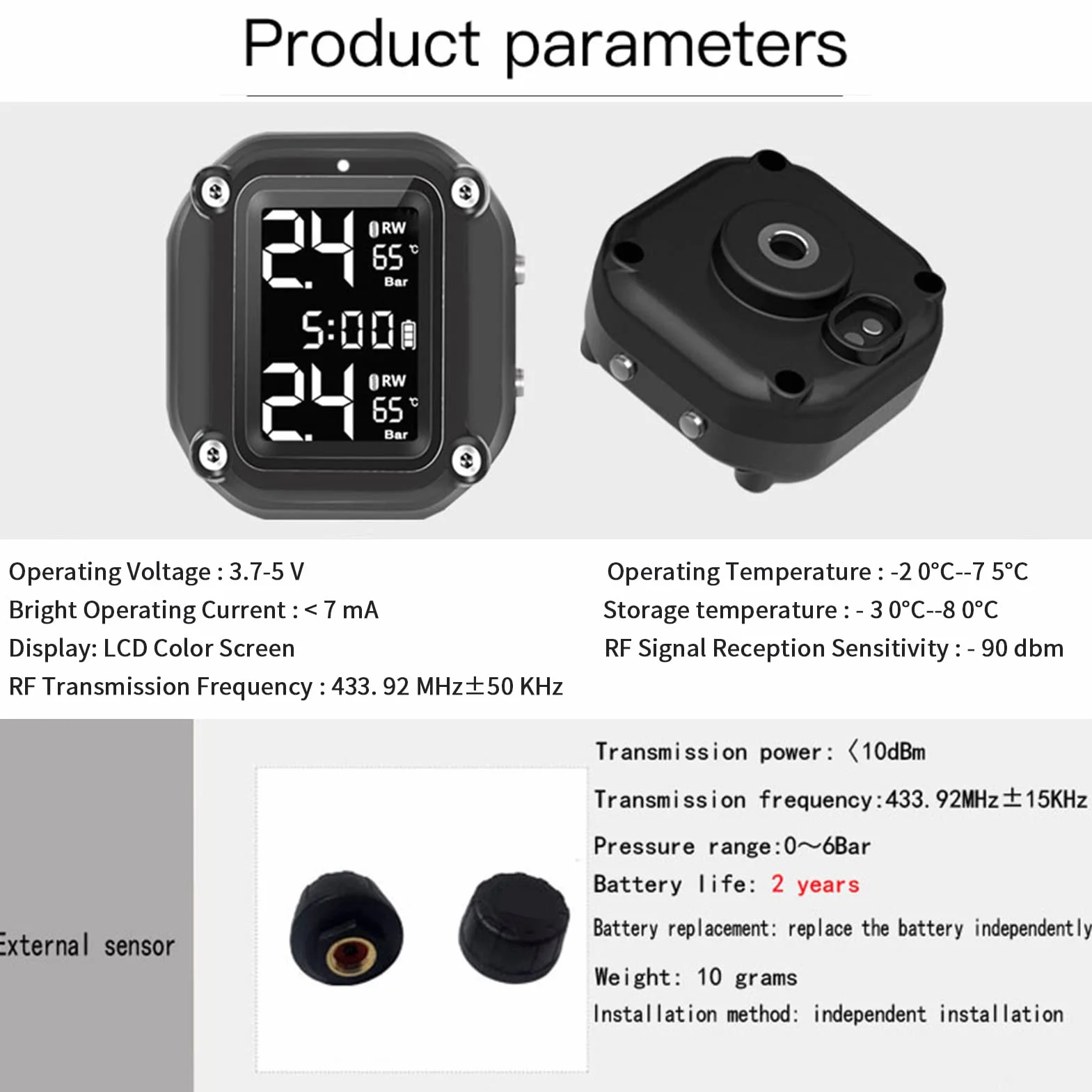 Shkalacar Manometr pneumatyczny TPMS do motocykli, bezprzewodowy miernik ciśnienia ładowania USB z 2 czujnikami zewnętrznymi cyfrowy wyświetlacz LCD do motocykla dwukołowego