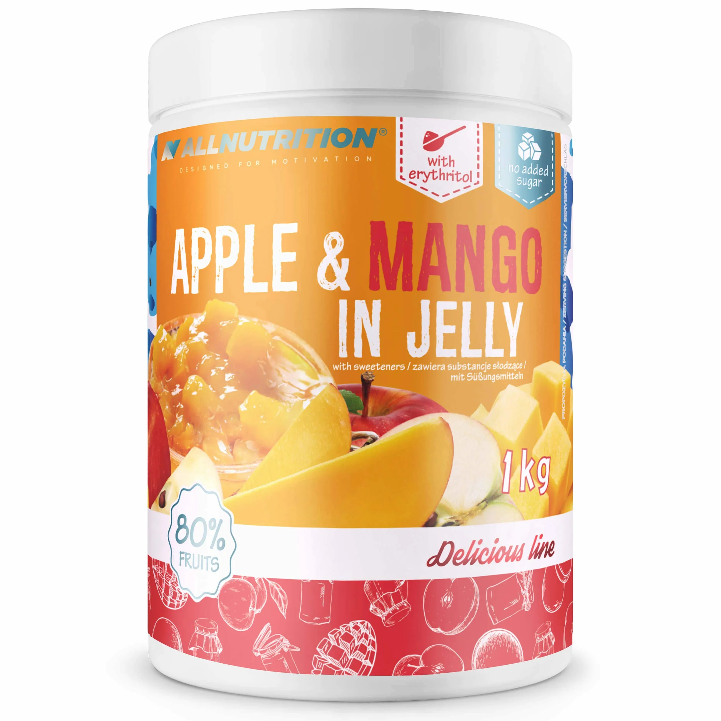 ALLNUTRITION Frulove In Jelly Jabłko i Mango w Żelu Bez Cukru - Niskokaloryczna Frużelina z 80% Owoców - Zdrowy Zamiennik Dżemu - Produkt Wegański - 1000g