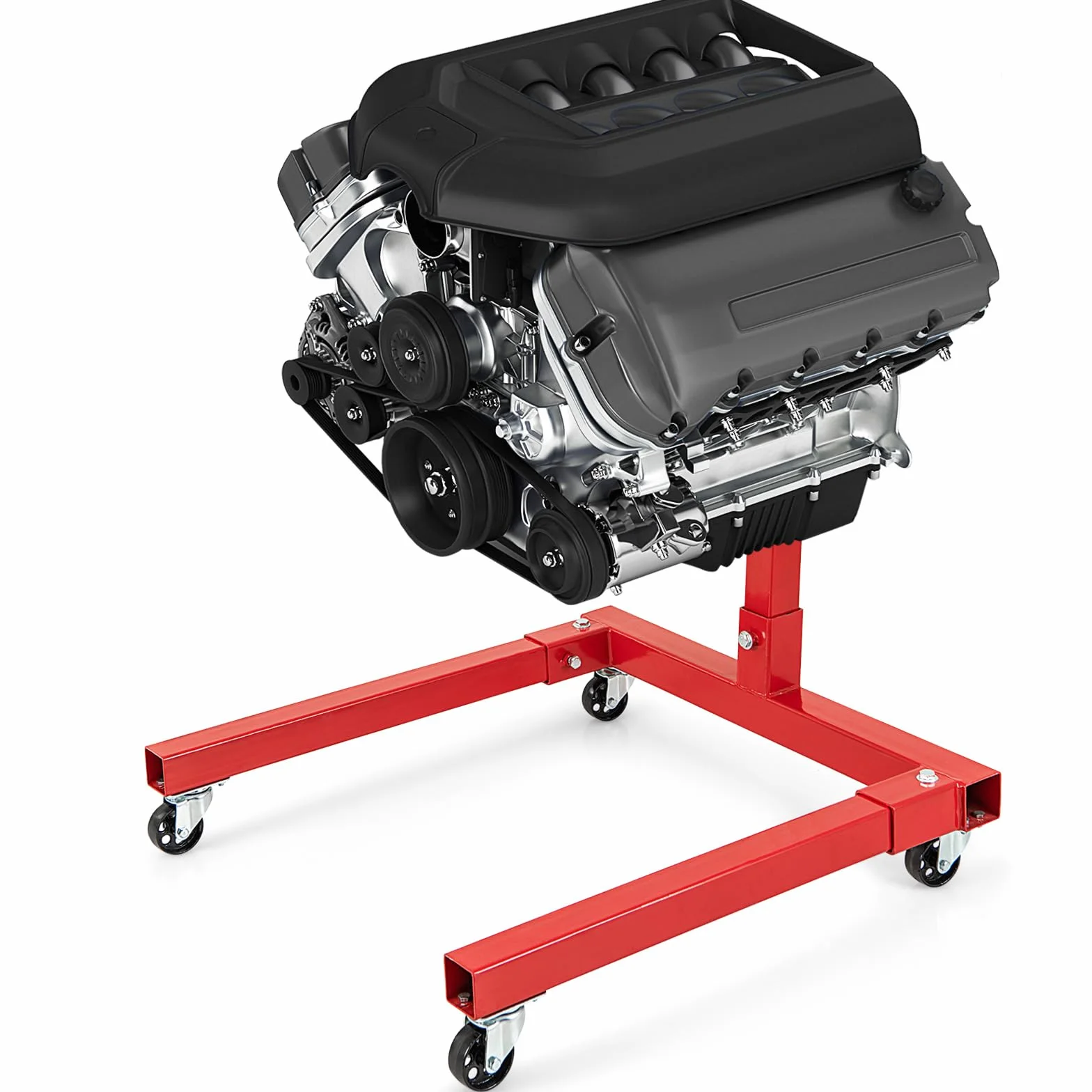 GOPLUS Podnośnik hydrauliczny z 680 kg nośności, podnośnik z obrotową głowicą o 360 stopni, 4 regulowanymi ramionami, 4 rolkami i antypoślizgowym uchwytem, podnośnik do garażu i warsztatu, czerwony