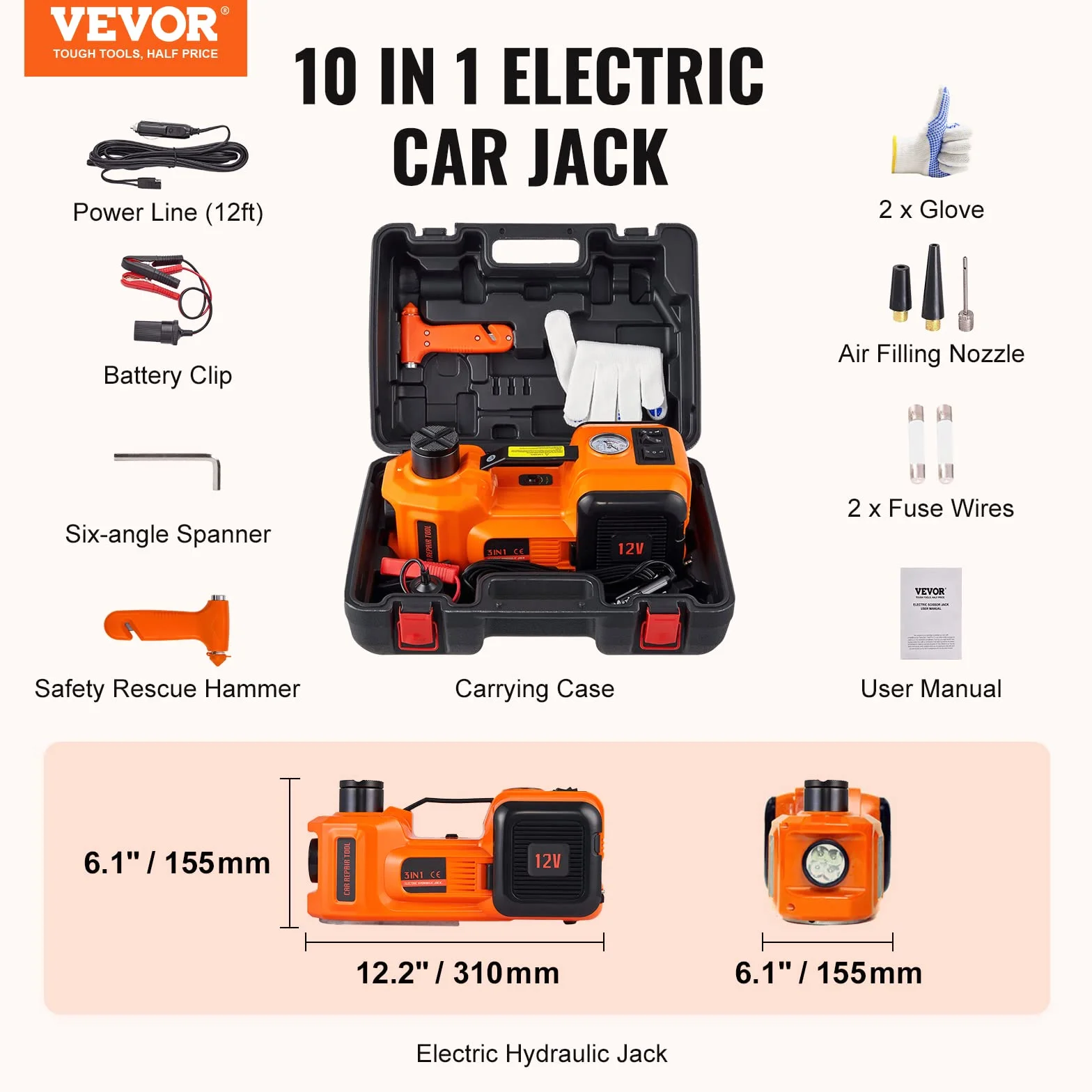 VEVOR Elektryczny podnośnik samochodowy hydrauliczny 5 ton z pompką LED przenośny do SUV MPV Sedan Truck
