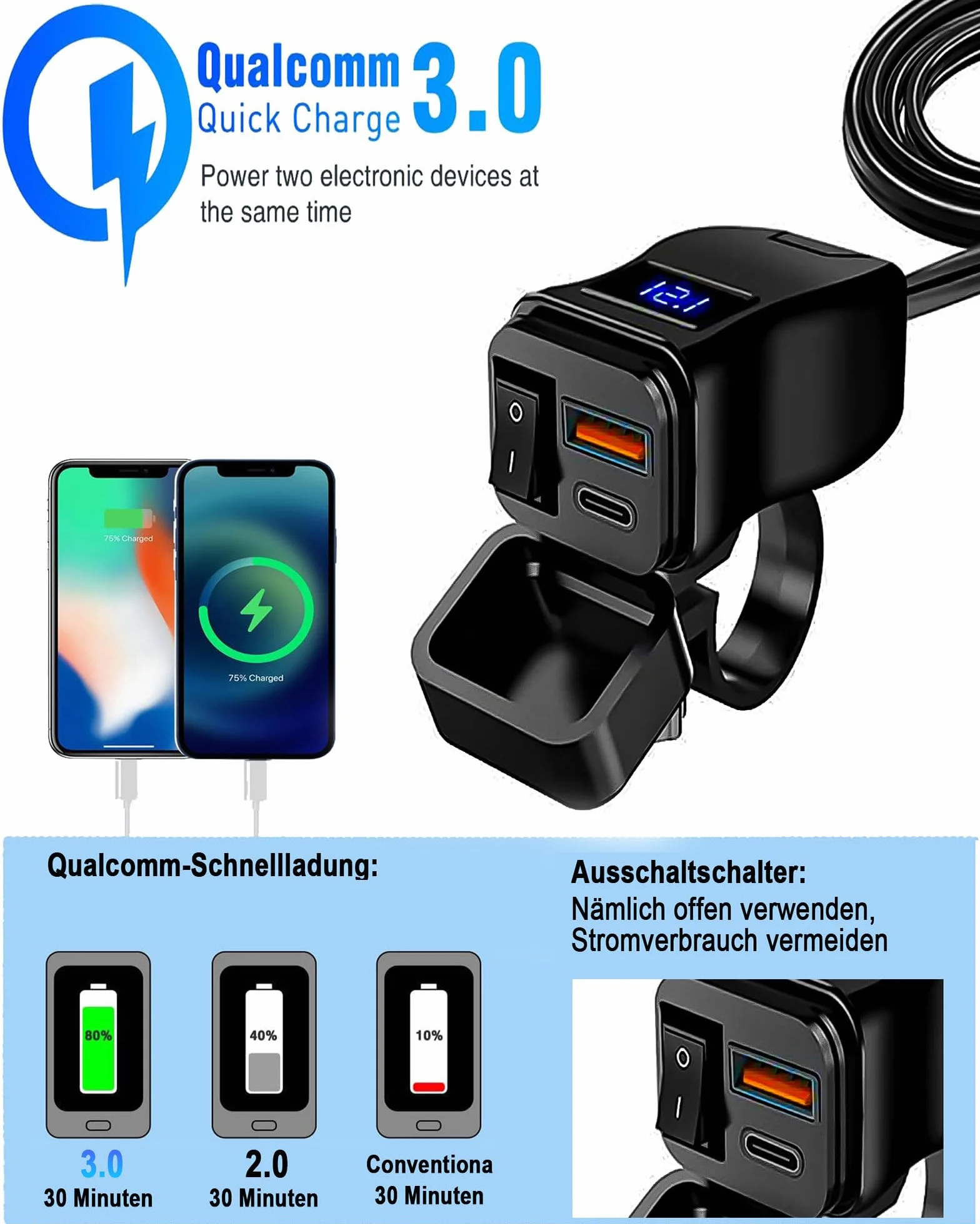 Wodoodporny port USB do motocykla: ładowarka motocyklowa USB 12V/24V QC3.0 podwójny port USB 18 W + 30 W z przełącznikiem ON/OFF do telefonu komórkowego tabletu