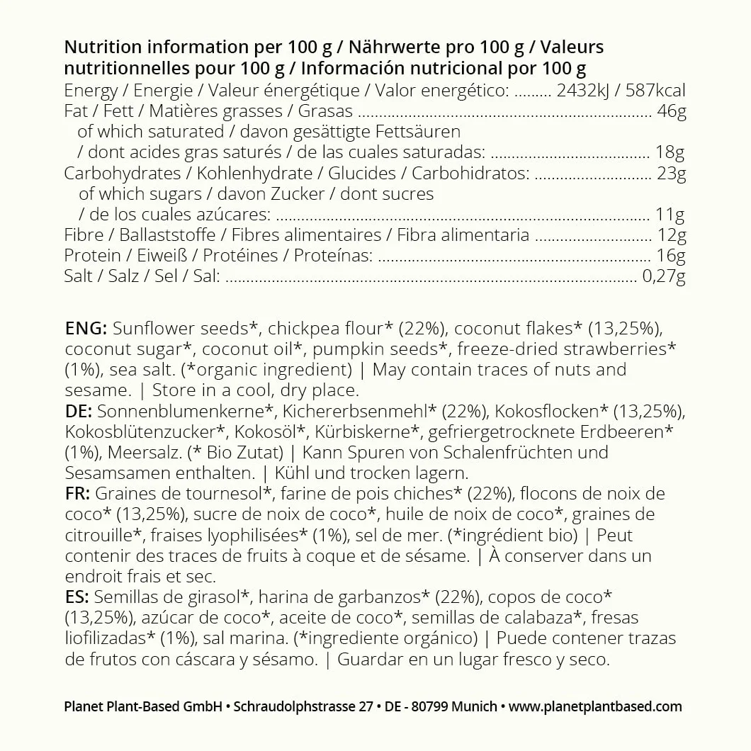 Planet Plant-Based Bio Granola Kichererbsen Truskawkowy kokos 320 g Bez glutenu Proteinreich Vegan Ballaststoff