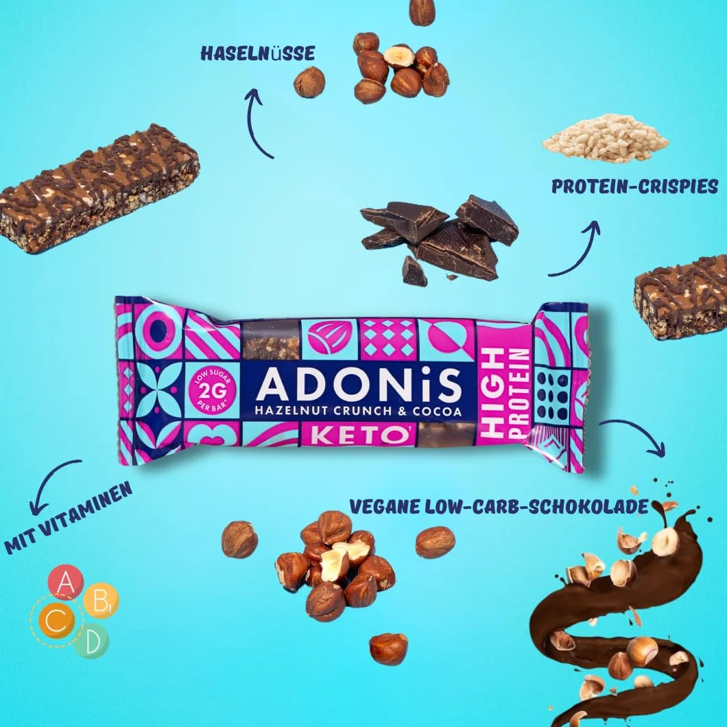 Adonis Proteinowy Keto Batonik Orzechami Laskowymi Czekolasowy Baton Keto Bar Naturalne Low Carb Wysoka białka Niskowęglowdanowy Wegański Niski Cukier Niskokaloryczne Utrata Wagi 16 Sztuk
