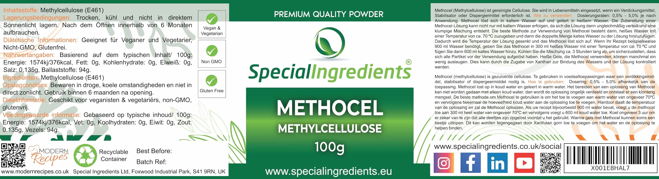 METHOCEL (metyloceluloza) 100 g PRODUKCJA CIEPŁYCH ŻELI, KTÓRE TOPIĄ SIĘ W USTACH (NIEMIECKIE ETYKIETY I INSTRUKCJE)