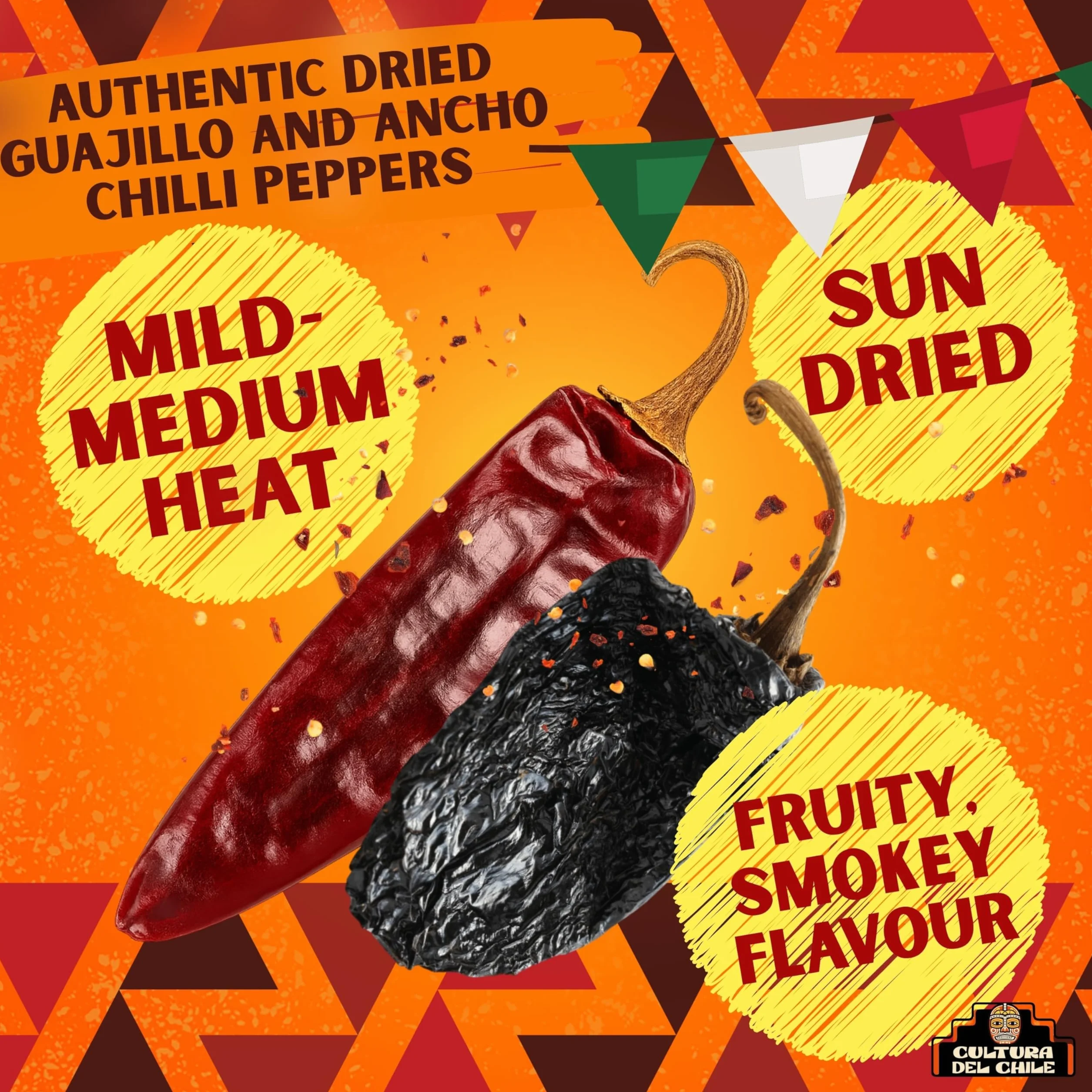 Pakiet całych meksykańskich suszonych papryczek chili. Guajillo 75 g i Ancho 75 g (łącznie 150 g), całkowicie naturalne, lekkie do średniego ciepła dla autentycznego meksykańskiego smaku. Idealny do