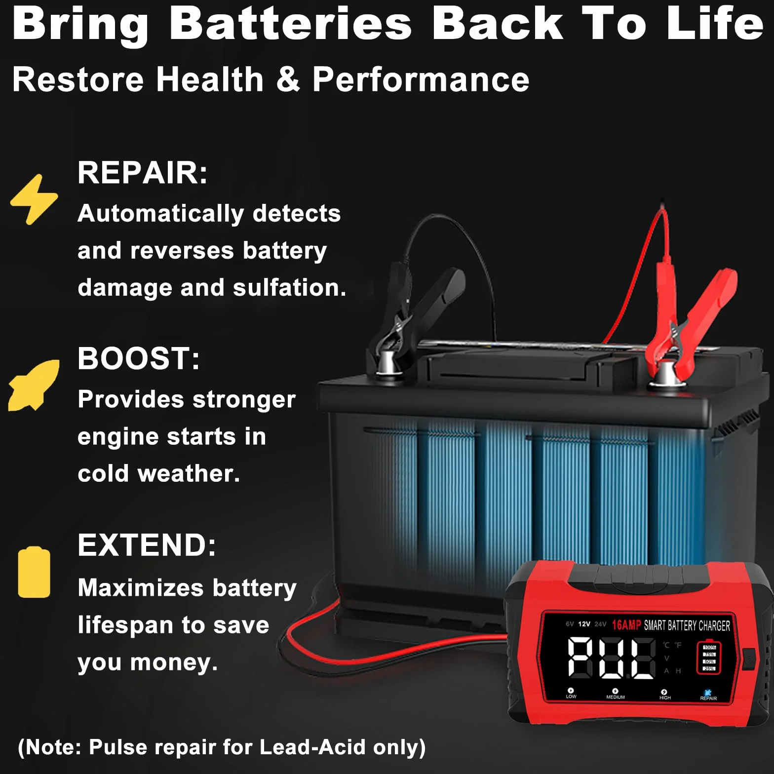 HTRC Ładowarka do akumulatora samochodowego 16 A, 6 V/12 V/24 V, ładowarka do samochodów, ciężarówek, motocykli, kosiarek, łodzi, akumulatorów marine, litowych, LiFePO4, ołowiowo-kwasowych do AGM