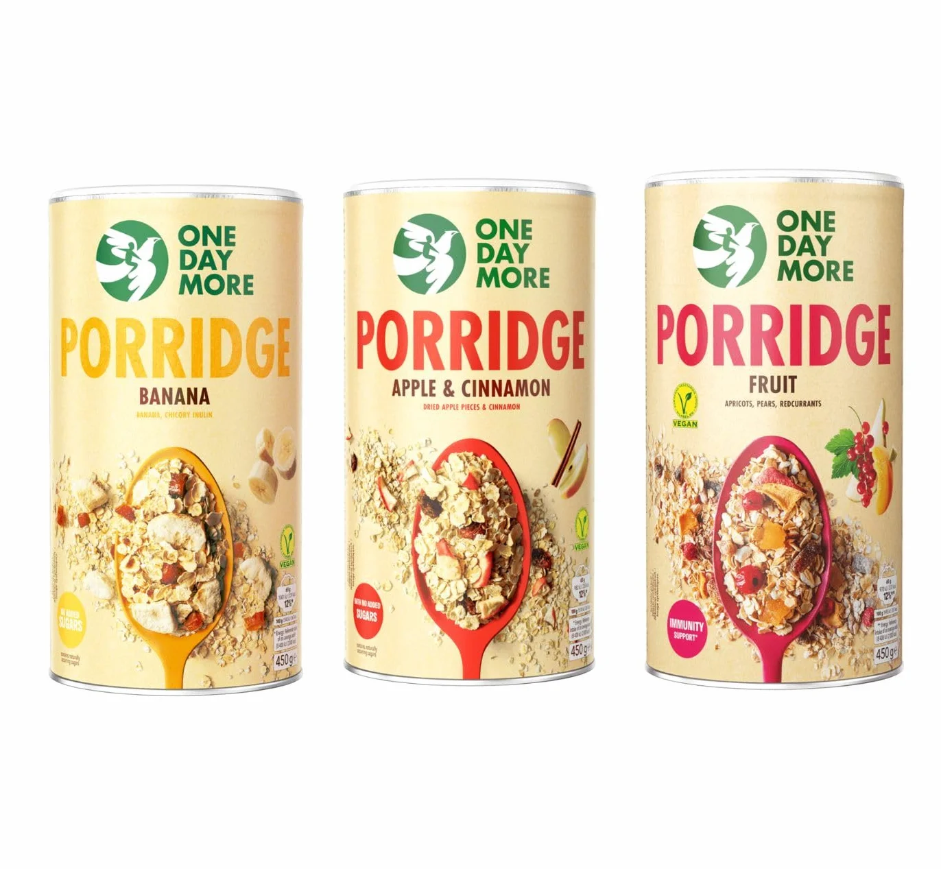 OneDayMore Zestaw Owsianek Bez Cukru – Owocowa, Bananowa i Jabłkowa z Cynamonem | 3×450 g | Naturalne Śniadanie Pełne Błonnika i Energii