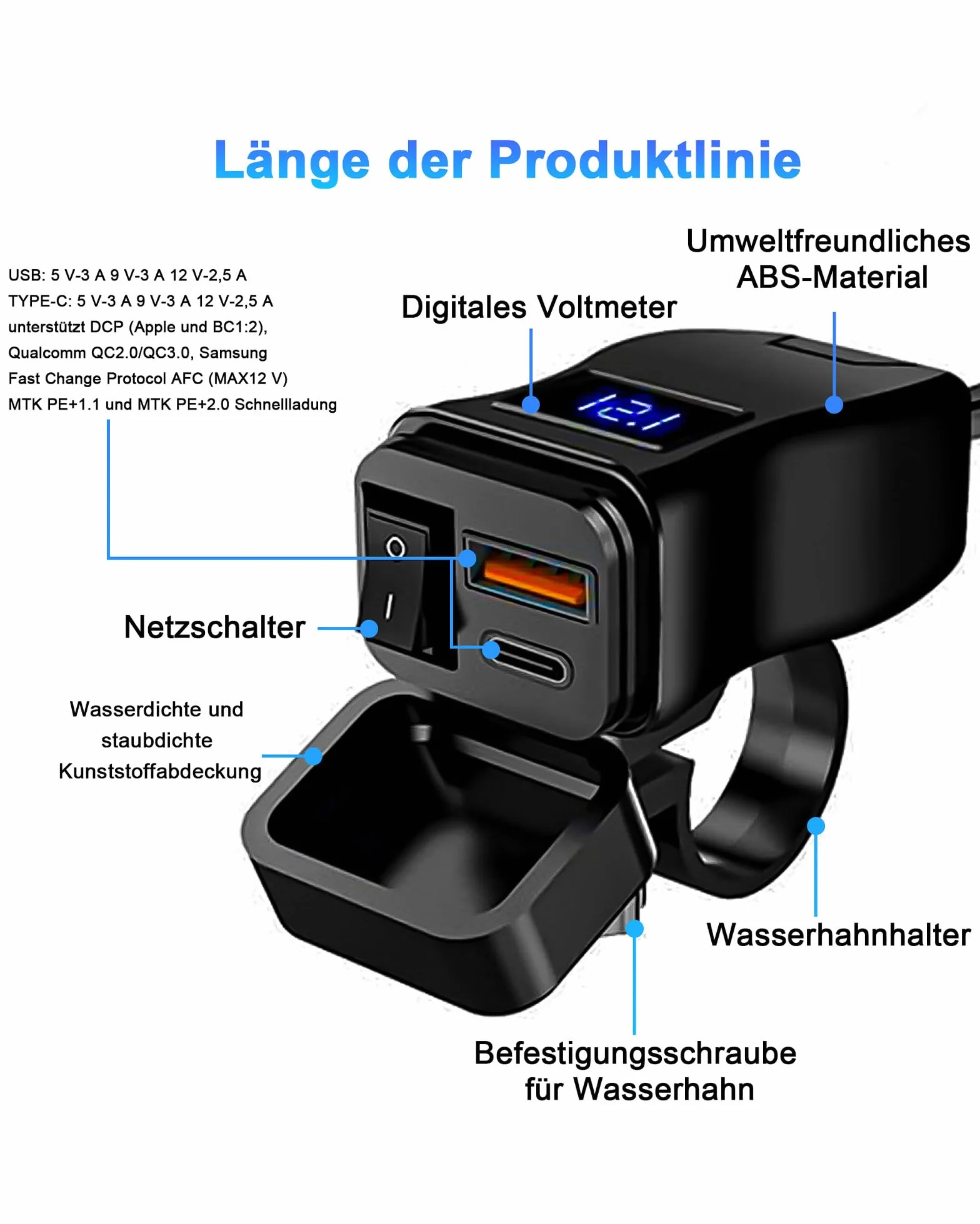 Wodoodporny port USB do motocykla: ładowarka motocyklowa USB 12V/24V QC3.0 podwójny port USB 18 W + 30 W z przełącznikiem ON/OFF do telefonu komórkowego tabletu