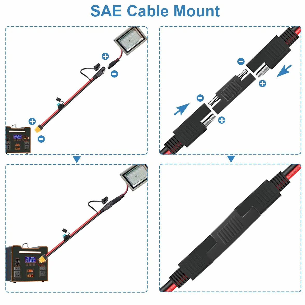 Kabel przedłużający XT60 do SAE 10AWG SAE do żeńskiego kabla panelu słonecznego XT60, z bezpiecznikiem do przenośnej elektrowni solarnej (2 stopy)