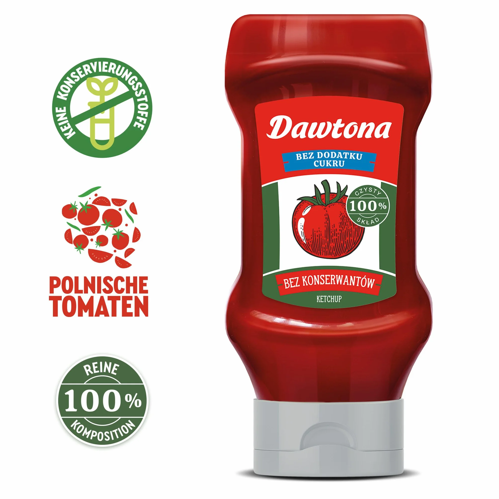 DAWTONA Ketchup Łagodny Bez Cukru 450g, 100% Czysty Skład z Polskich Pomidorów, bez Konserwantów i bez Skrobi, Naturalnie Gęsty - Idealny do Dań Fit, Pizzy, Kanapek i Burgerów