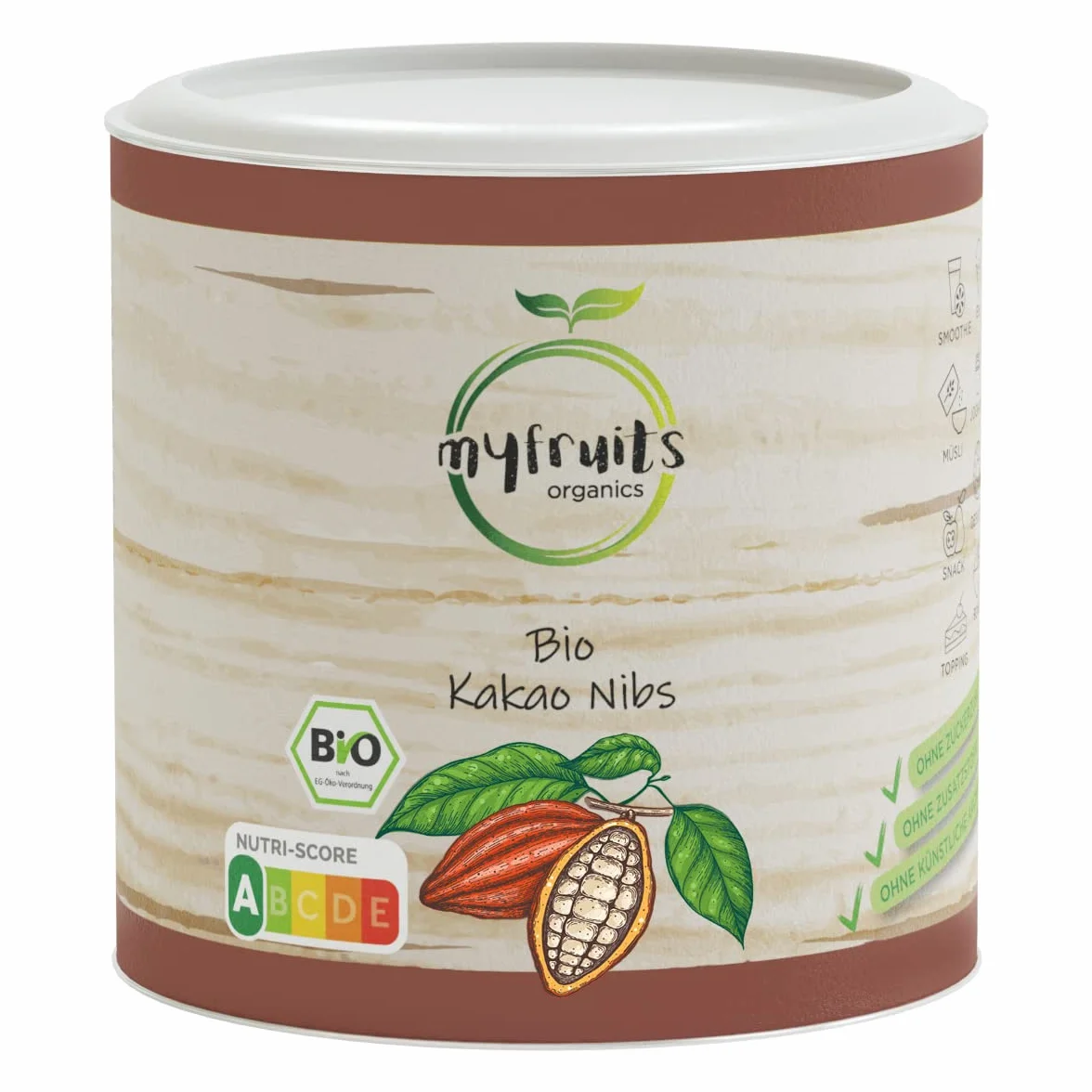 myfruits Bio Nibs kakao, 250 g, ziarna kakaowe bez dodatków, bez cukru, delikatnie prażone dla uzyskania czekoladowego smaku, do pieczenia lub musli