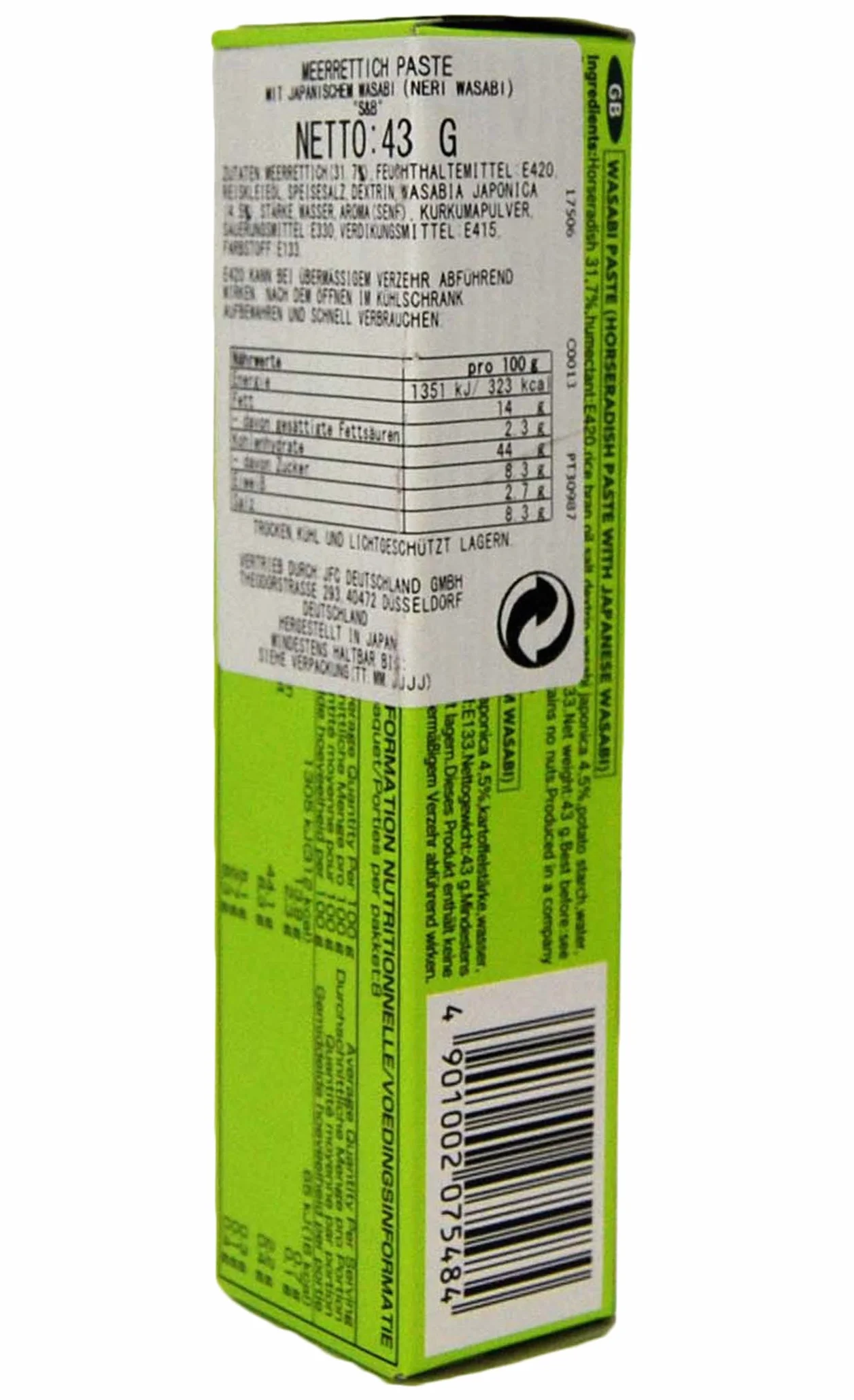 S&B Wasabi – oryginalna japońska pasta chrzanowa w tubce – do przyprawiania i marynowania żywności – z 4,5% wasabi – 5 x 43 g