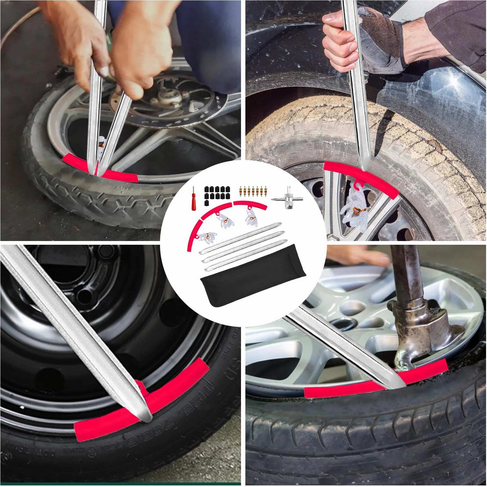 VINEST 3 sztuki dźwigni do opon 30 cm, narzędzie do montażu opon, łyżki, dźwignia montażowa z wysokowytrzymałej stali z 3 ochronami felg, zestaw narzędzi, dźwignia do montażu opon do motocykla, roweru