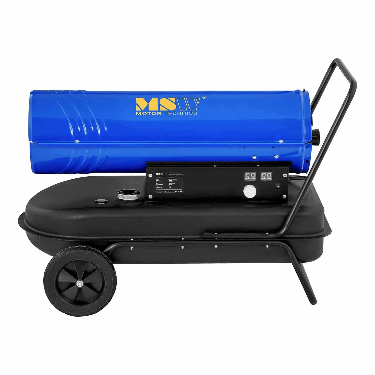 MSW nagrzewnica na olej napędowy i nagrzewnica budowlana z wózkiem, 20 kW, 19 l, MSW-TW-DH-20000 (wydajność ogrzewania 20 kW, 19 l, zużycie oleju napędowego 1,6 kg/h, maks. przepływ powietrza 420