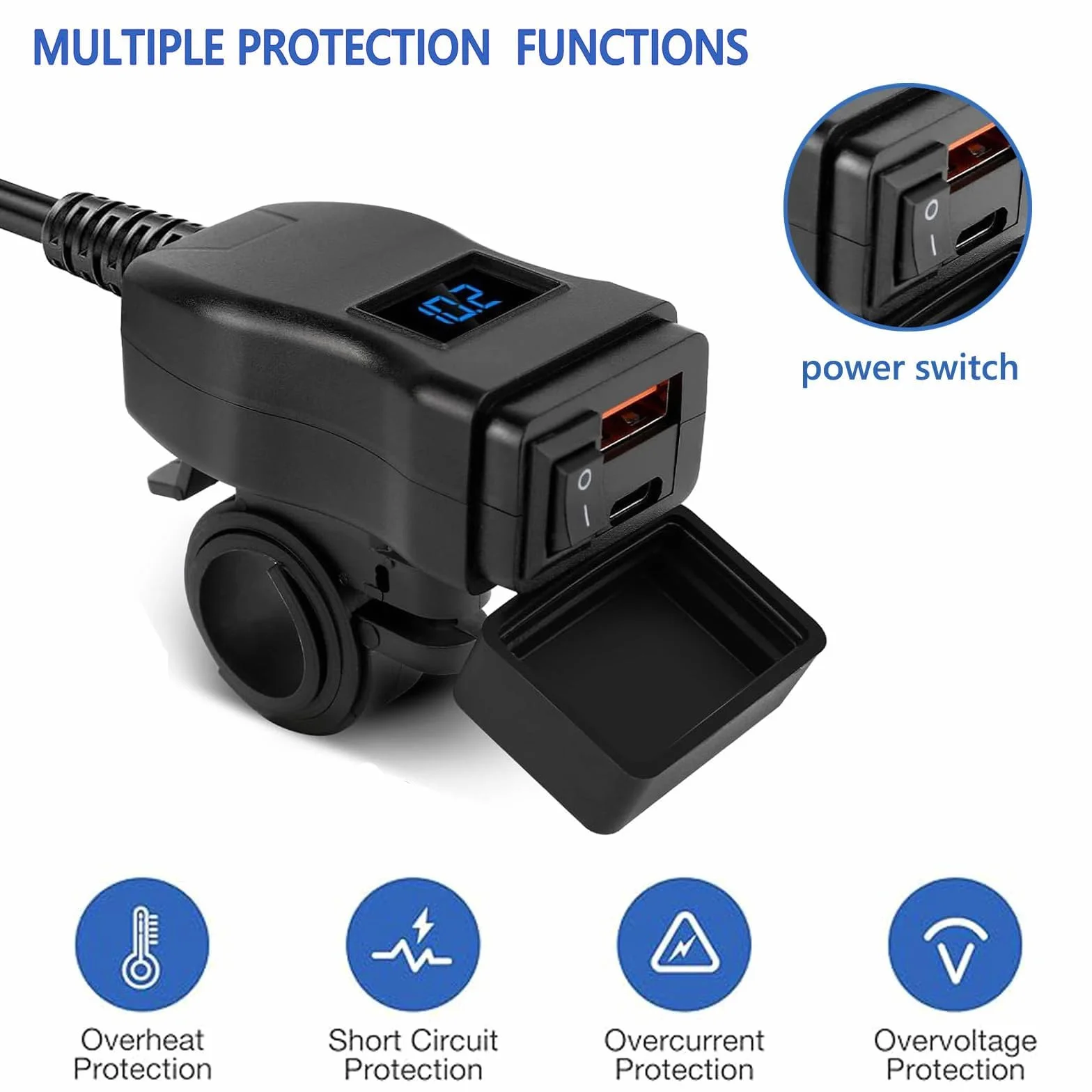 Gniazdo ładowania 12 V USB, do motocykla, 54 W, PD i QC3.0, ze wskaźnikiem napięcia LED, wodoszczelność IP65 do 12 V-24 V