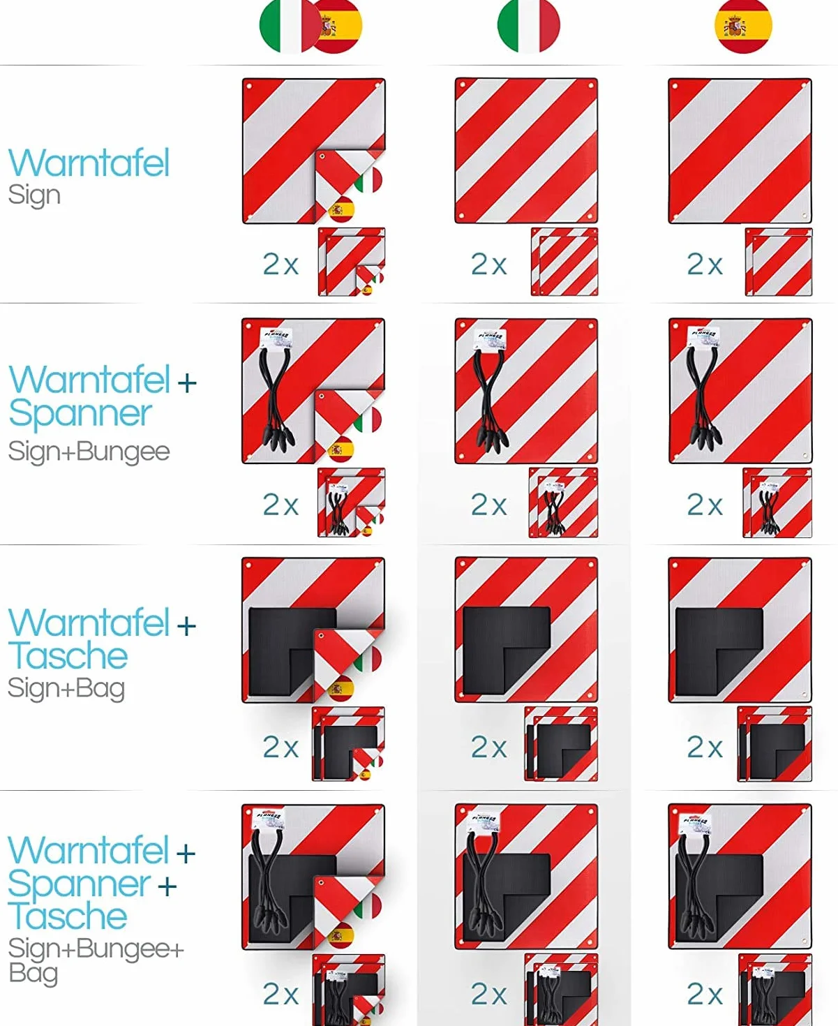 PLANGER® - Tablica ostrzegawcza Włochy (50 x 50 cm) + napinacz - odblaskowa tabliczka ostrzegawcza czerwona biała do bagażnika tylnego i bagażnika rowerowego