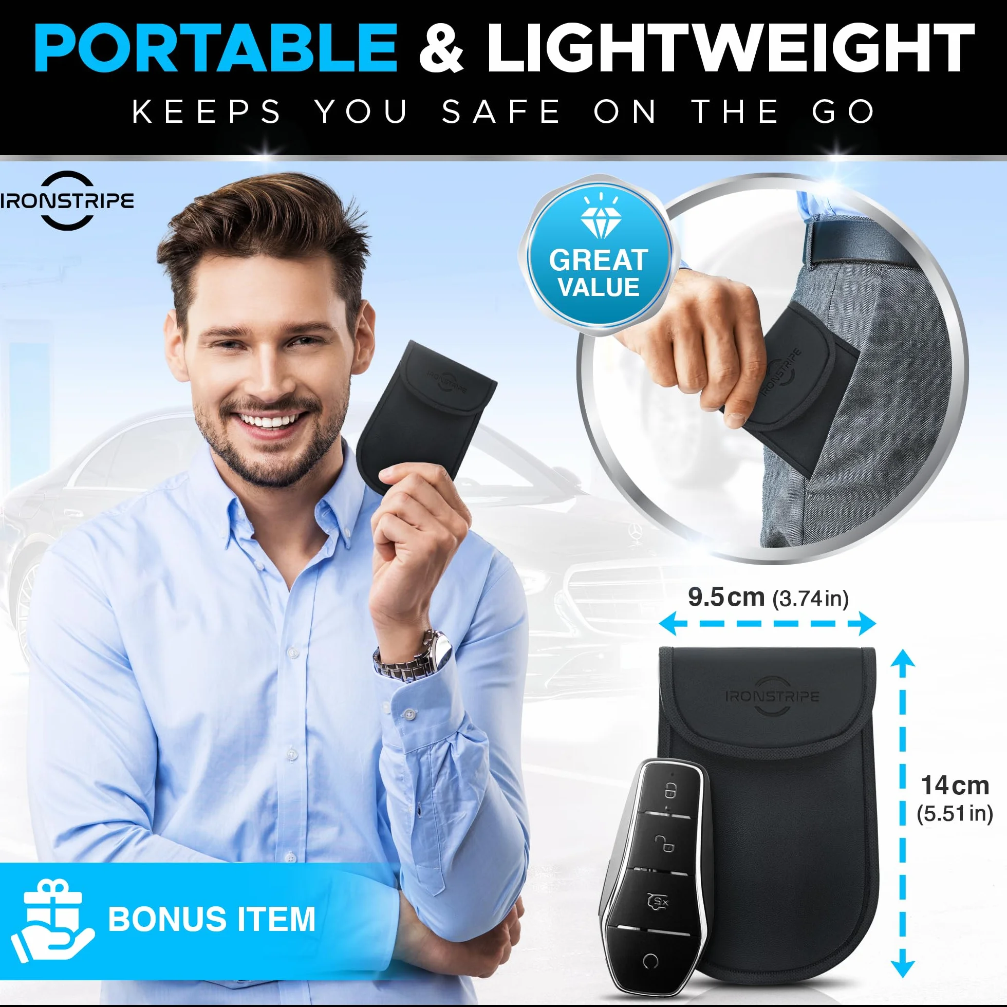 Pudełko ochronne Ironstripe Keyless Go na kluczyki samochodowe, bardzo duże 19 x 12 x 9 cm, pudełko chroniące przed kradzieżą Keyless Go, dodatkowe etui na kluczyki Faraday
