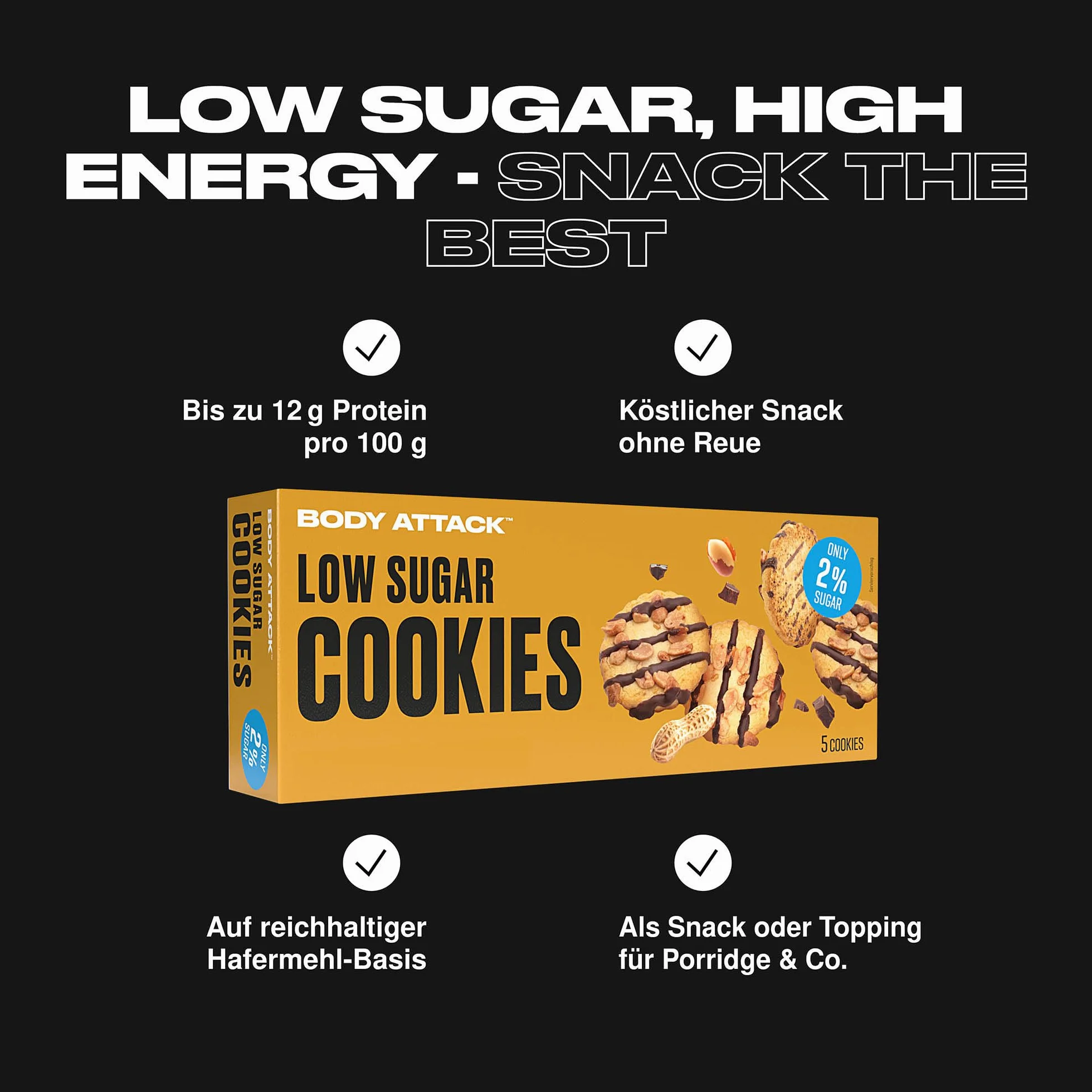 BODY ATTACK LOW SUGAR COOKIES - Czekoladowy chip, 130 g, pyszne odmiany z niewielką ilością cukru lub bez cukru, ciasteczka z białkiem, bogata w białko, przekąska o niskiej zawartości cukru, bez