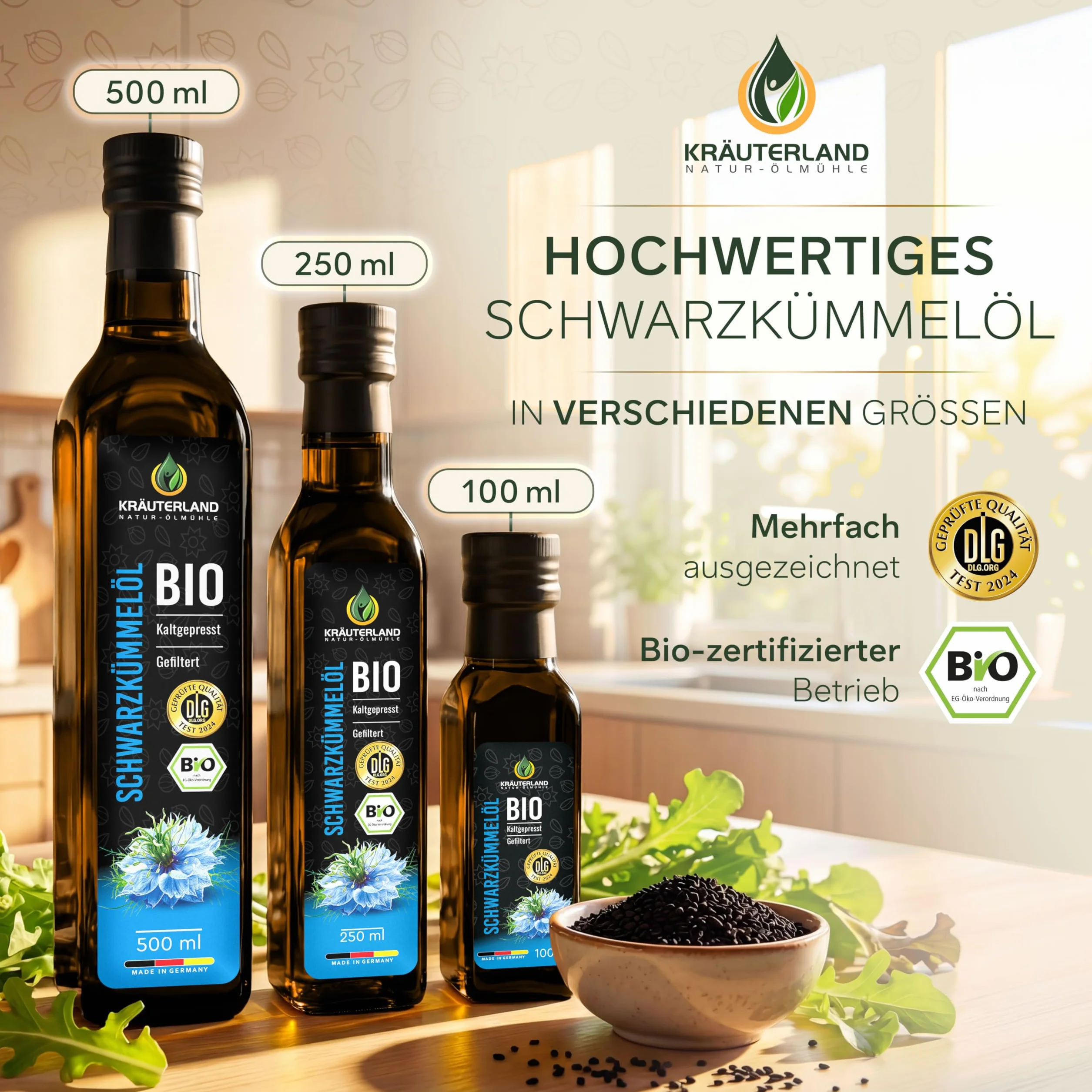 Kräuterland - organiczny olej z czarnuszki, filtrowany 2x250ml - 100% czysty, delikatnie tłoczony na zimno, egipski, wegański - gwarancja świeżości: świeżo mielony codziennie bezpośrednio od producenta
