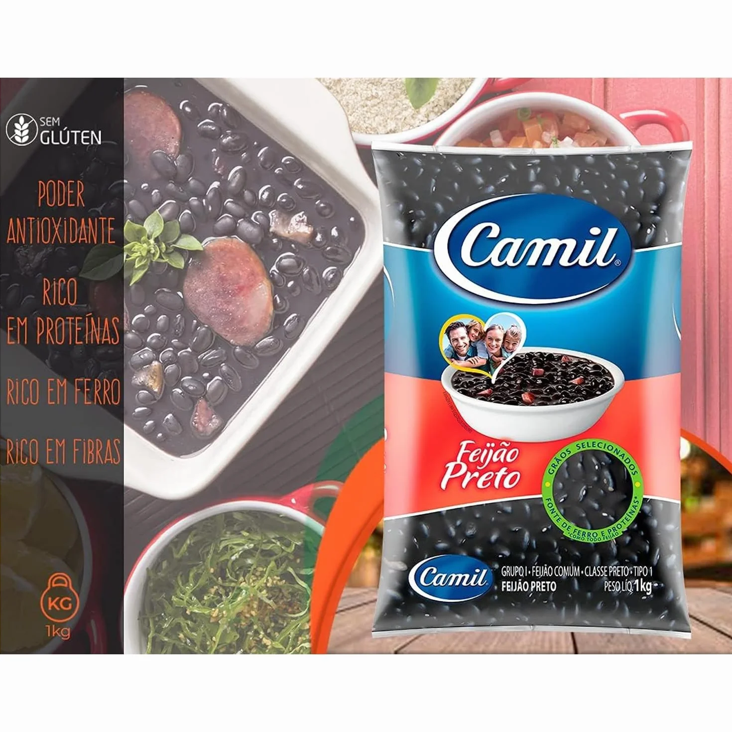 Camil Feijão Preto 1 kg z naklejką Kajal | wysokiej jakości czarna fasola z Brazylii | idealna do tradycyjnych potraw, takich jak feijoada i sałatki, błonnik, wegański i bezglutenowy