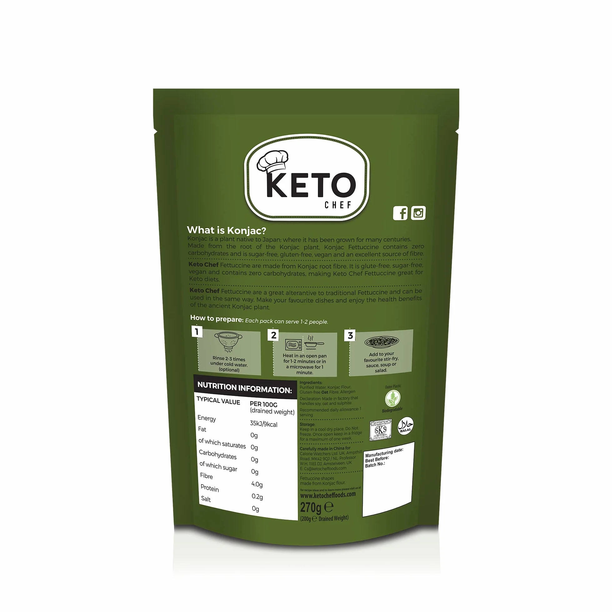 Keto Vegan Fettuccine Makaron do makaronu – Konjac mąka makaronowa, bez cukru i glutenu, zawiera zero tłuszczu, zdrowe jedzenie dietetyczne o niskiej kalorii, gotowe do spożycia (270 g)