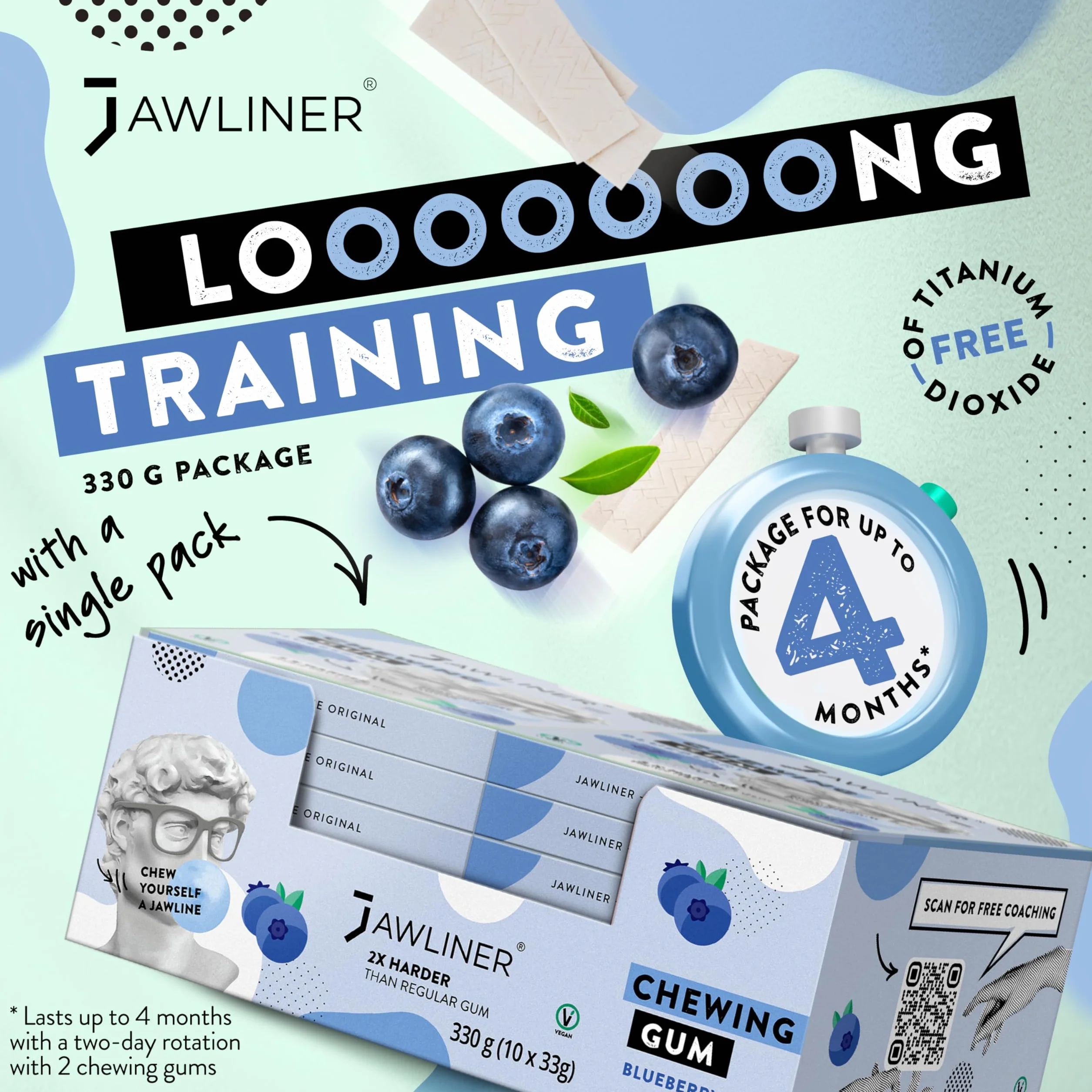 Jawliner® Twarda Guma do Żuchwy – Bez Cukru – Jagodowa – Guma Ćwicząca Mewing – 2x Twardsza niż Zwykła Guma – 130 g (48 pasków)