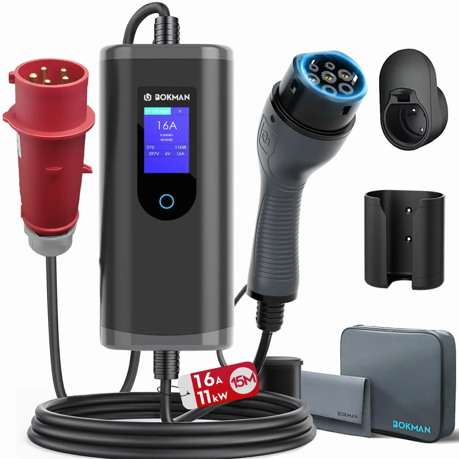 bokman Kabel do ładowania typu 2 z wtyczką CEE 11 kW 15 metrów | 6-16 A, 3-fazowa, wodoszczelność IP65, przenośna ładowarka EV i przenośna stacja ładująca Wallbox do IEC 62196-2