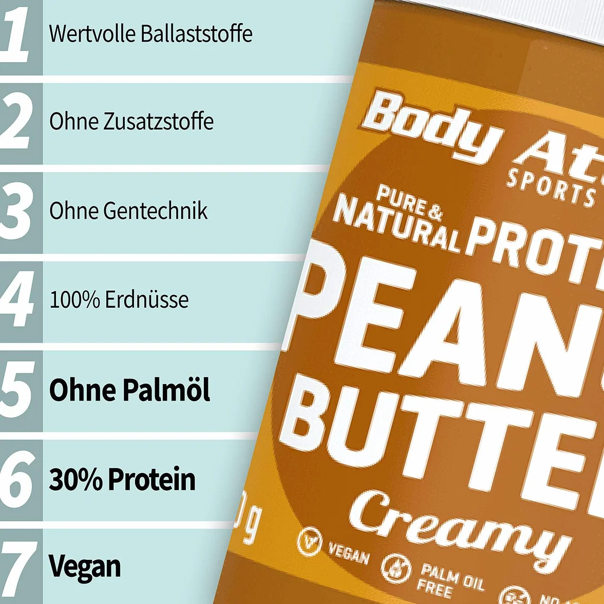 Body Attack Protein Peanut Masło, 1 kg, Creamy, wegańskie, naturalne masło orzechowe bez soli i tłuszczu palmowego - niskocukrowy mus orzechowy z 30% białkiem