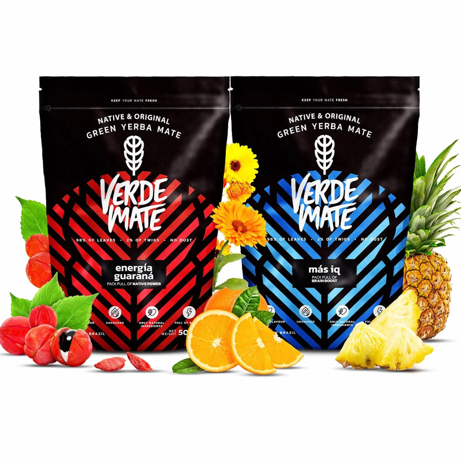 Zestaw yerba mate pobudzająca | Dwupak yerba mate | Guarana, żeń-szeń, ginkgo biloba | Brazylijska zielona yerba mate | Herbata yerba mate | Łagodny smak | Naturalna kofeina | 2x500g | 1kg