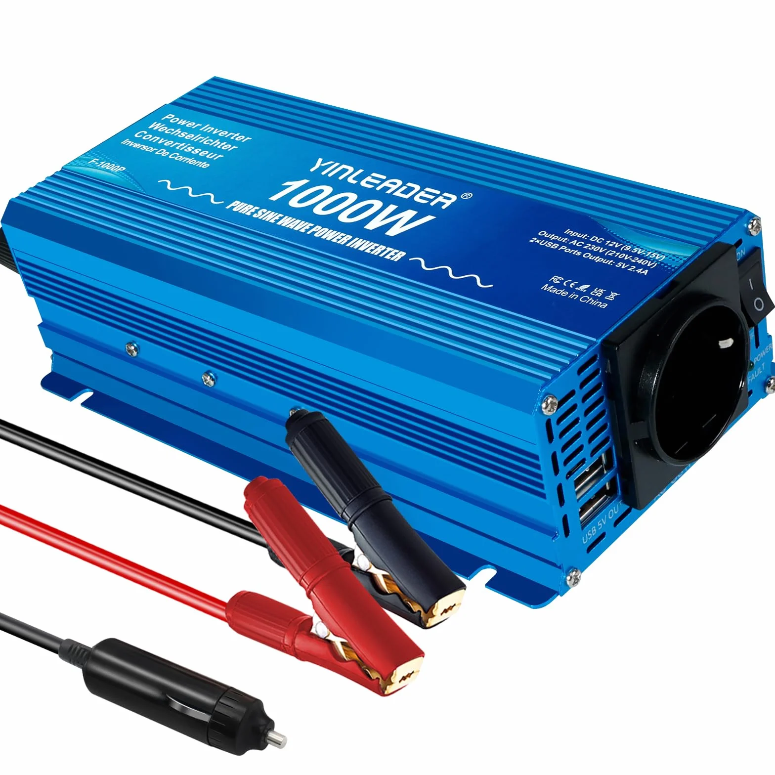 Falownik Yinleader 1000W/2000W 12V 230V czysta fala sinusoidalna, przetwornica napięcia z 1 gniazdem i 2 portami USB