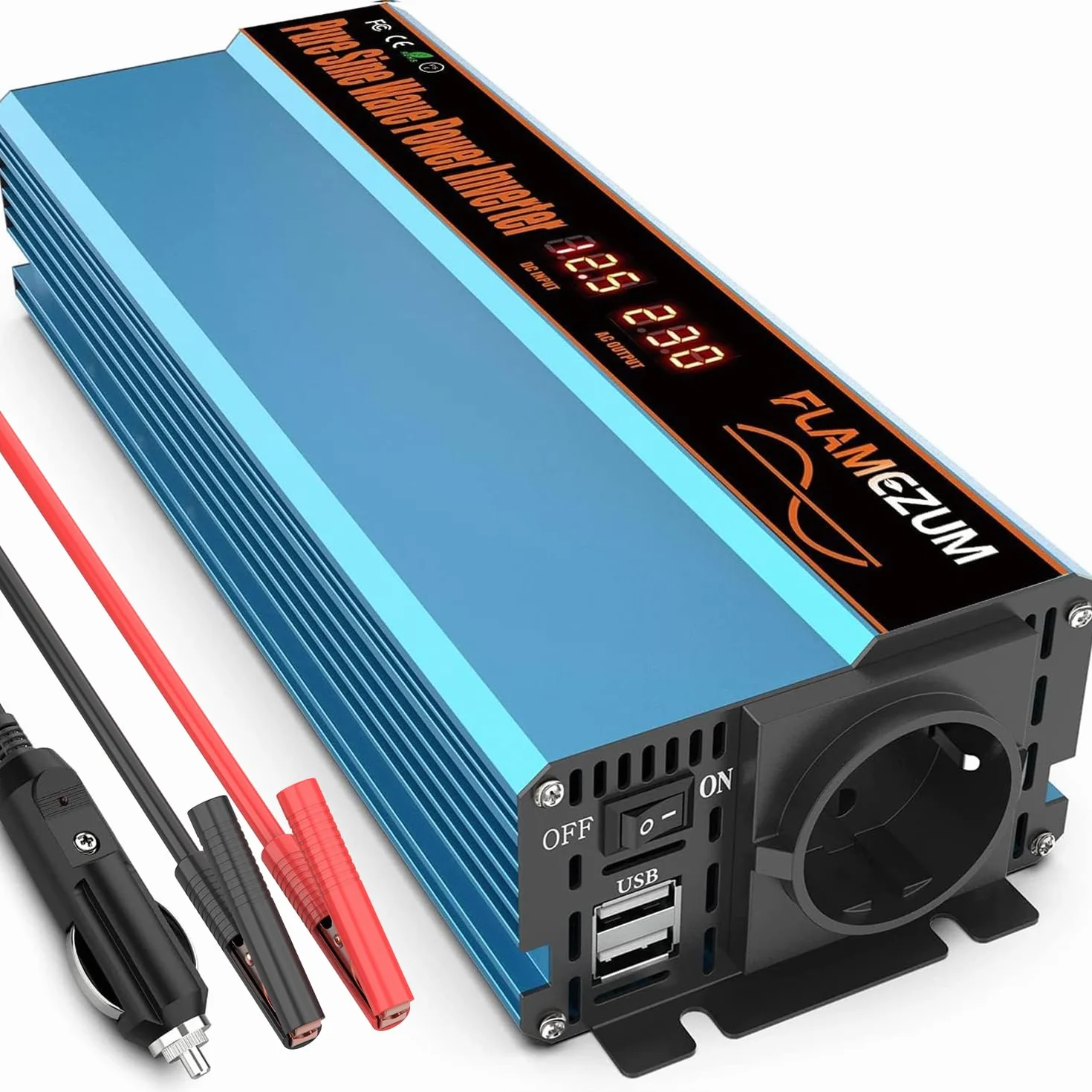 FLAMEZUM 1000W Przetwornica 12V na 230V Czysta Sinusoida - Przetwornica Napięcia Samochodowego Przetwornica Przetwornica z 1 Gniazdem EU i 2 Portami USB 3,4A 5V