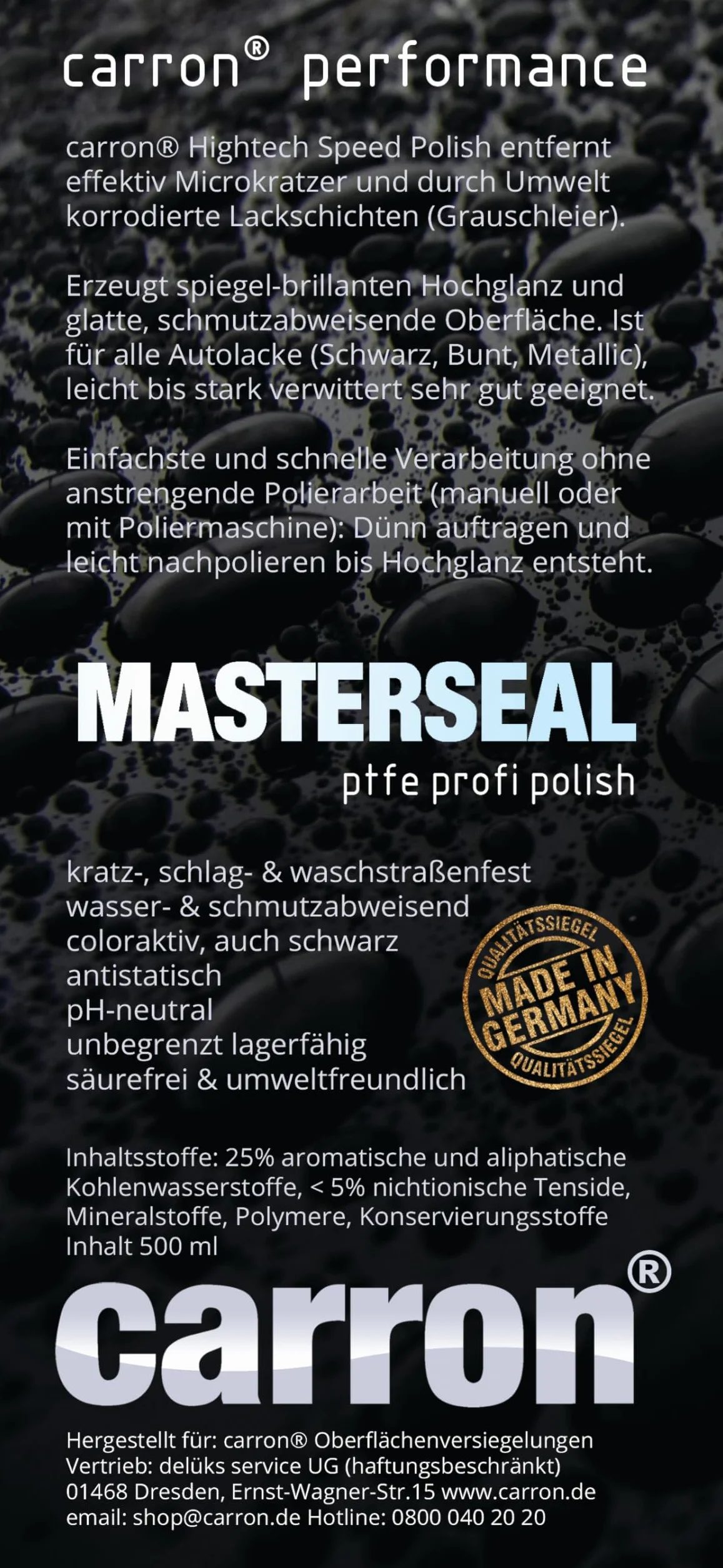 carron® performance MASTERSEAL politura samochodowa do pielęgnacji samochodu z PTFE dla profesjonalistów o wysokim połysku z efektem lotosu, made in Germany (Masterseal ze ściereczką do polerowania)