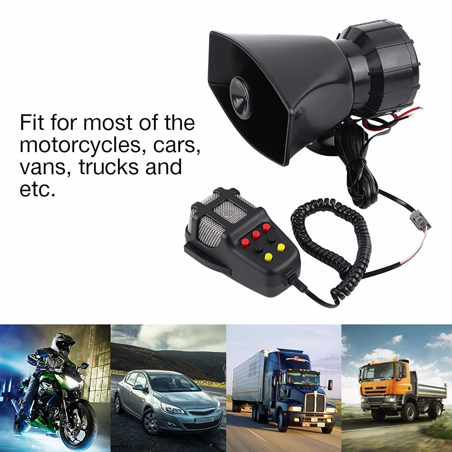 Ejoyous Klakson samochodowy z melodią, 12 V, syrena samochodowa z głośnikiem, klakson motocyklowy, głośny, z mikrofonem, uniwersalna syrena policyjna do samochodu, do motocykla, alarm drogowy, straż