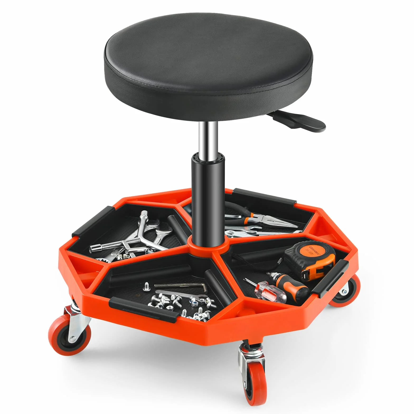 GOPLUS Taboret warsztatowy 41-56 cm z regulacją wysokości, taboret na kółkach z półką na narzędzia i 4 uniwersalnymi kółkami, funkcjonalny taboret roboczy do garażu, warsztatu naprawczego, maks.
