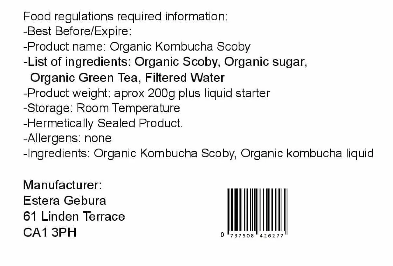 Duży (5 litrów) certyfikat Organic by OF&G Kombucha Scoby / Mushroom od Kombuchaorganic® Kombucha, zestaw startowy do przygotowywania własnego napoju Kombucha