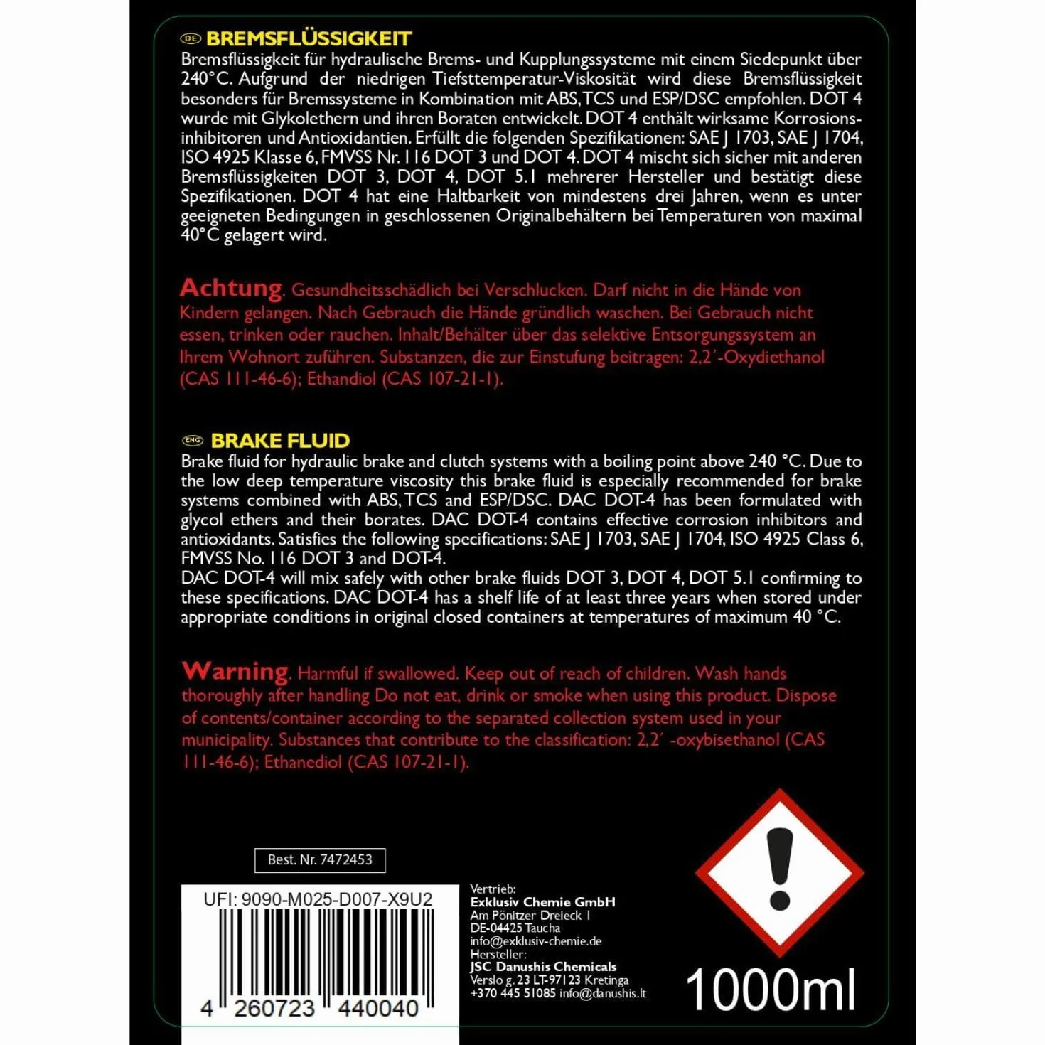 Exklusiv Chemie® Płyn hamulcowy DOT-4 | Do układów hamulcowych z ABS, TCS i ESP/DSC | Markowy płyn hamulcowy wysokiej jakości | Zoptymalizowana skuteczność hamulców | 1000ml