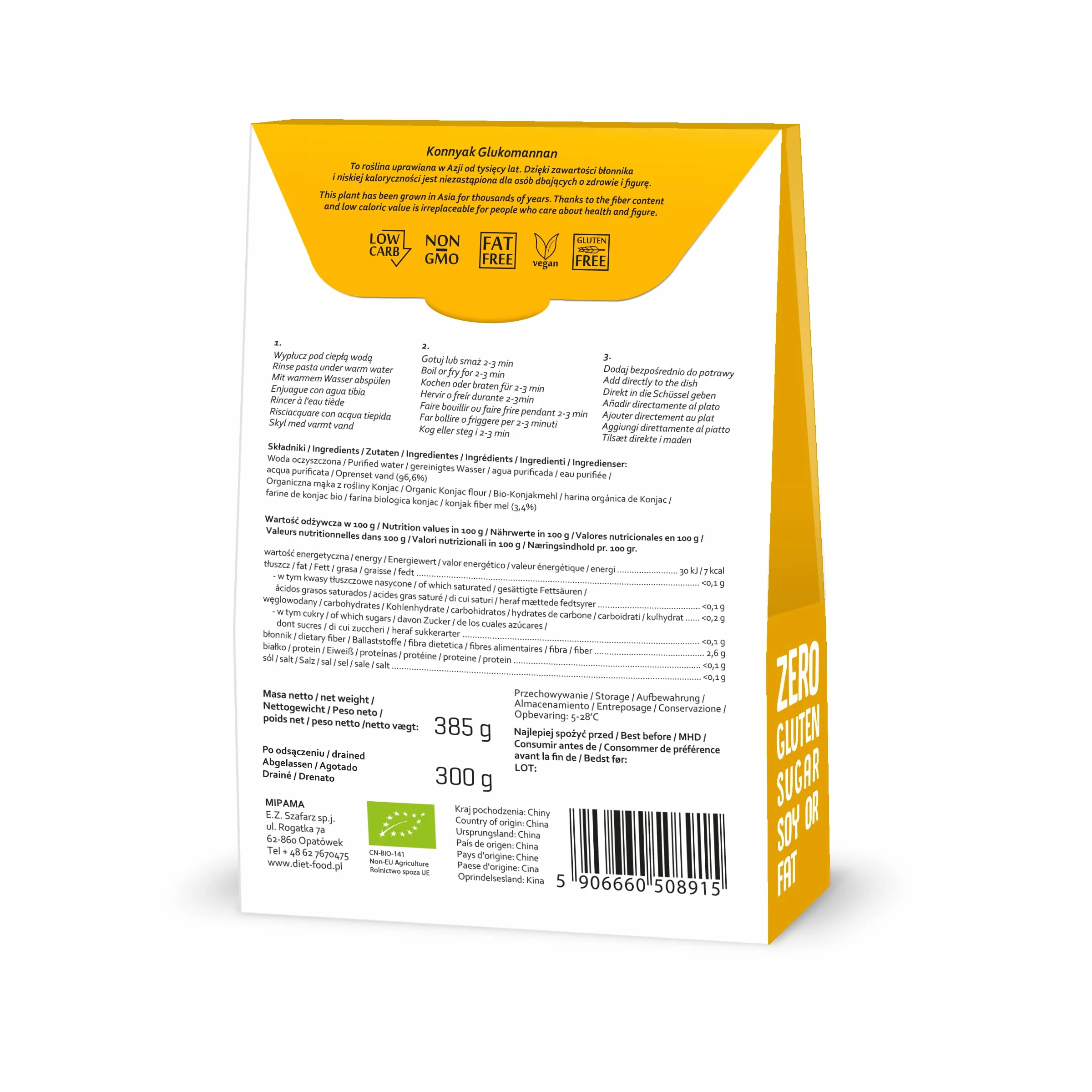 DIET-FOOD Bio Shirataki makaron spaghetti Noodles Low Carb, Konjak, niskokaloryczny, wegański, bez tłuszczu, soi, bezglutenowy, rozpuszczalny w wodzie, makaron dietetyczny, niska zawartość kalorii, 300 g (1 opakowanie)