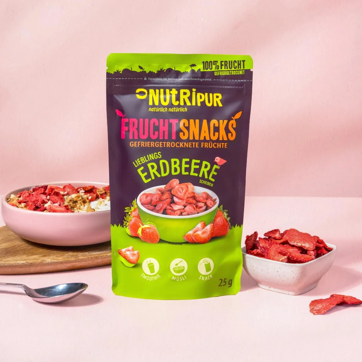 Truskawki suszone w zamrażarce: 5 x 70 g Suszone truskawki w zestawie – mrożone truskawki bez dodatku cukru – suszone owoce firmy NutriPur