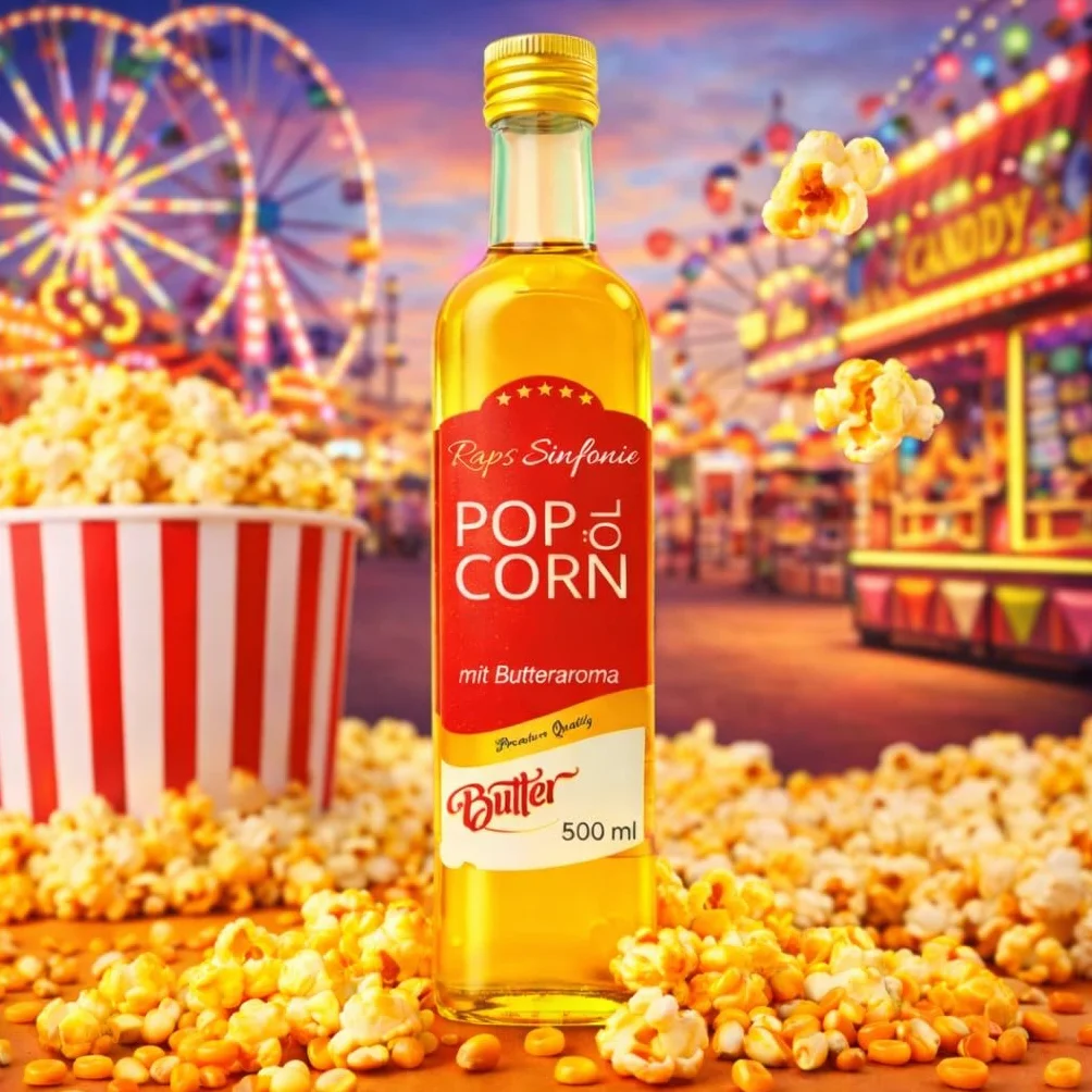 Hopser Food Fun 500 ml oleju do popcornu o delikatnym naturalnym smaku masła i praktycznym dzióbkiem do nalewania popcornu o smaku masła kukurydzianego nadającego się do podgrzewania tłuszcz symfonia rzepaku o smaku oleju z pestek winogron i masła