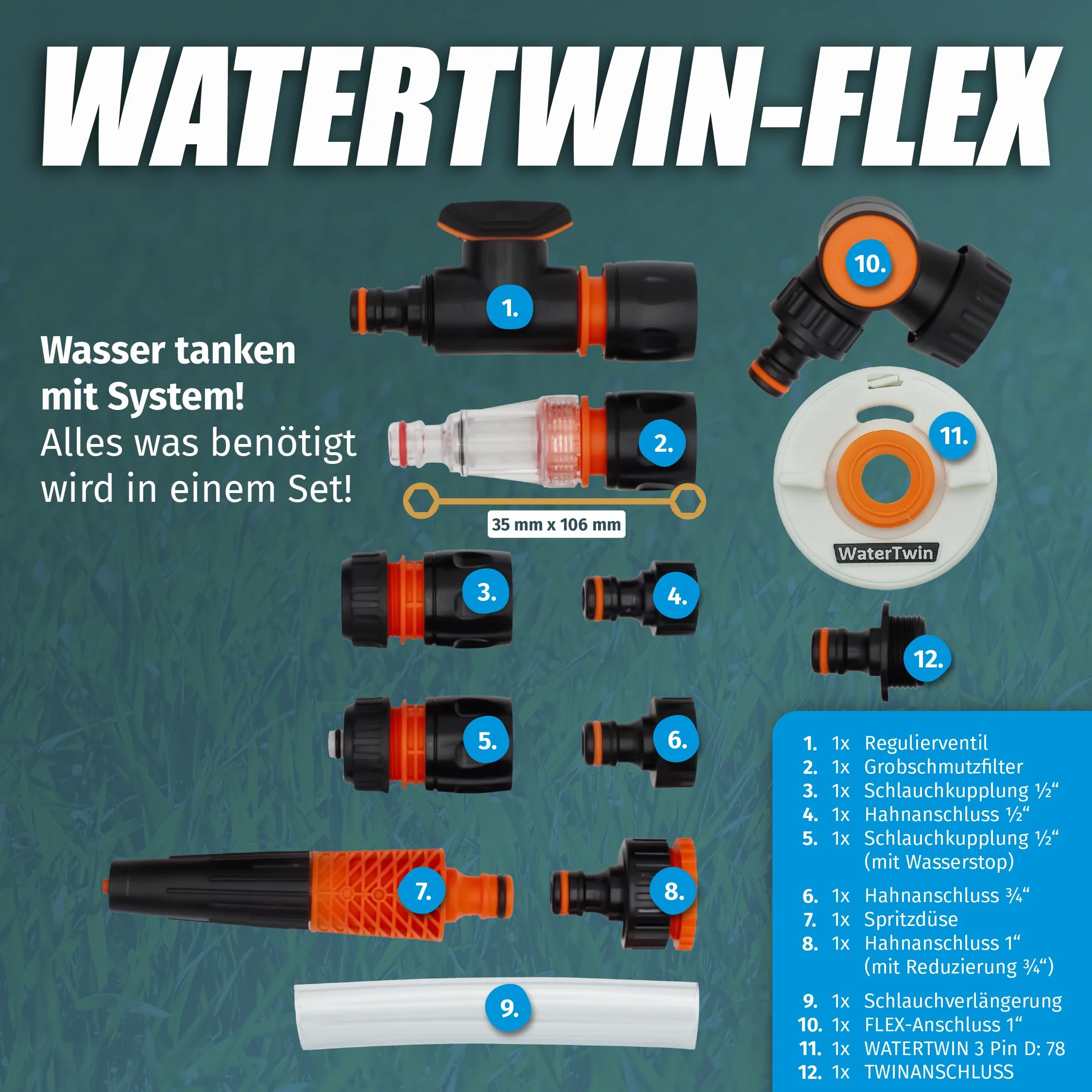 MaJoCompTec® WATERTWIN adapter do zbiornika na wodę | kompatybilny z Gardena | zawór odcinający filtru wody z przyłączem do kranu | akcesoria do króćca napełniania zbiornika na wodę do samochodów