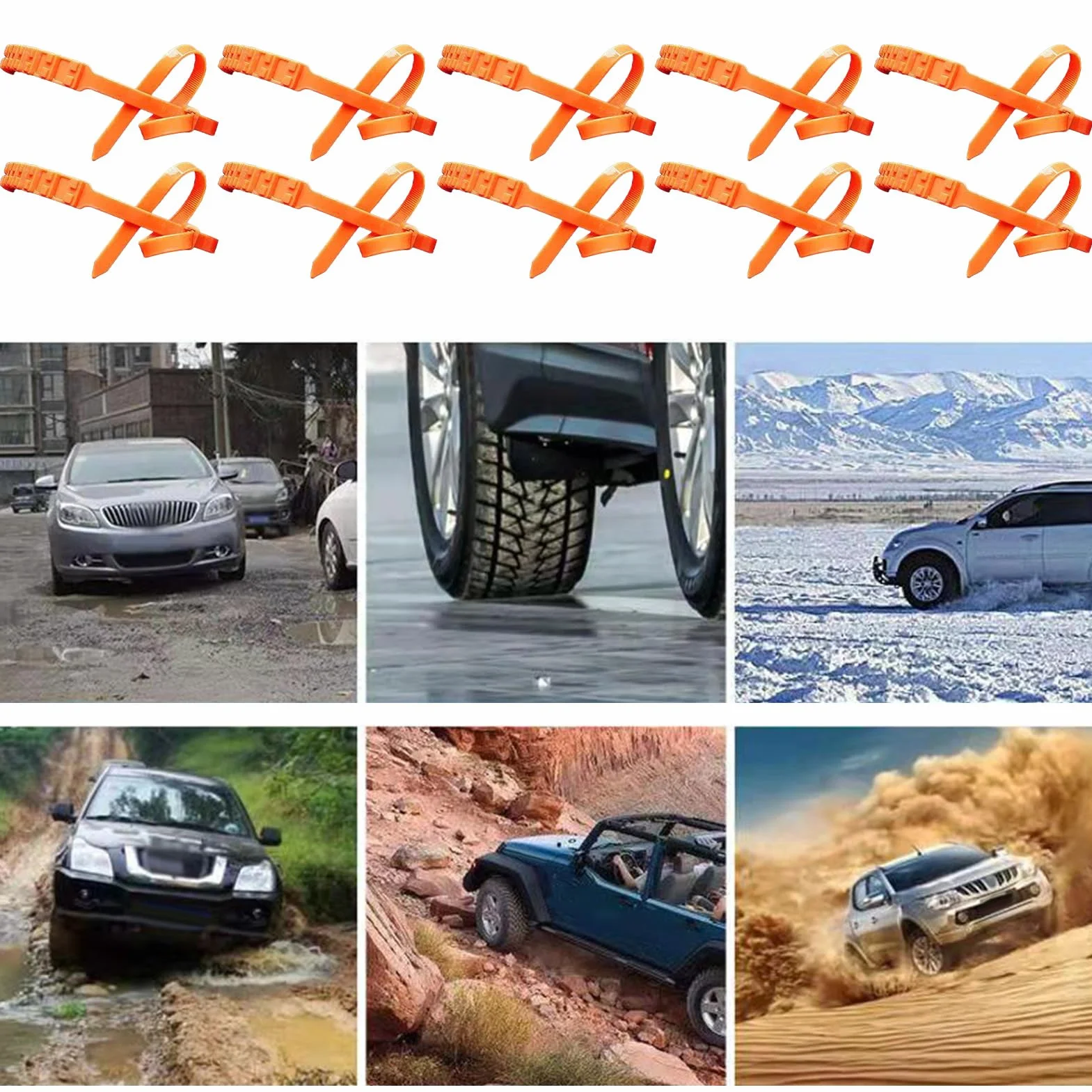 Snow Chains Anti Slip Wheel Traction Device 10 Pieces Zip Ties For Car Tires Sedan SUV Truck Winter Driving Road Safety Kit