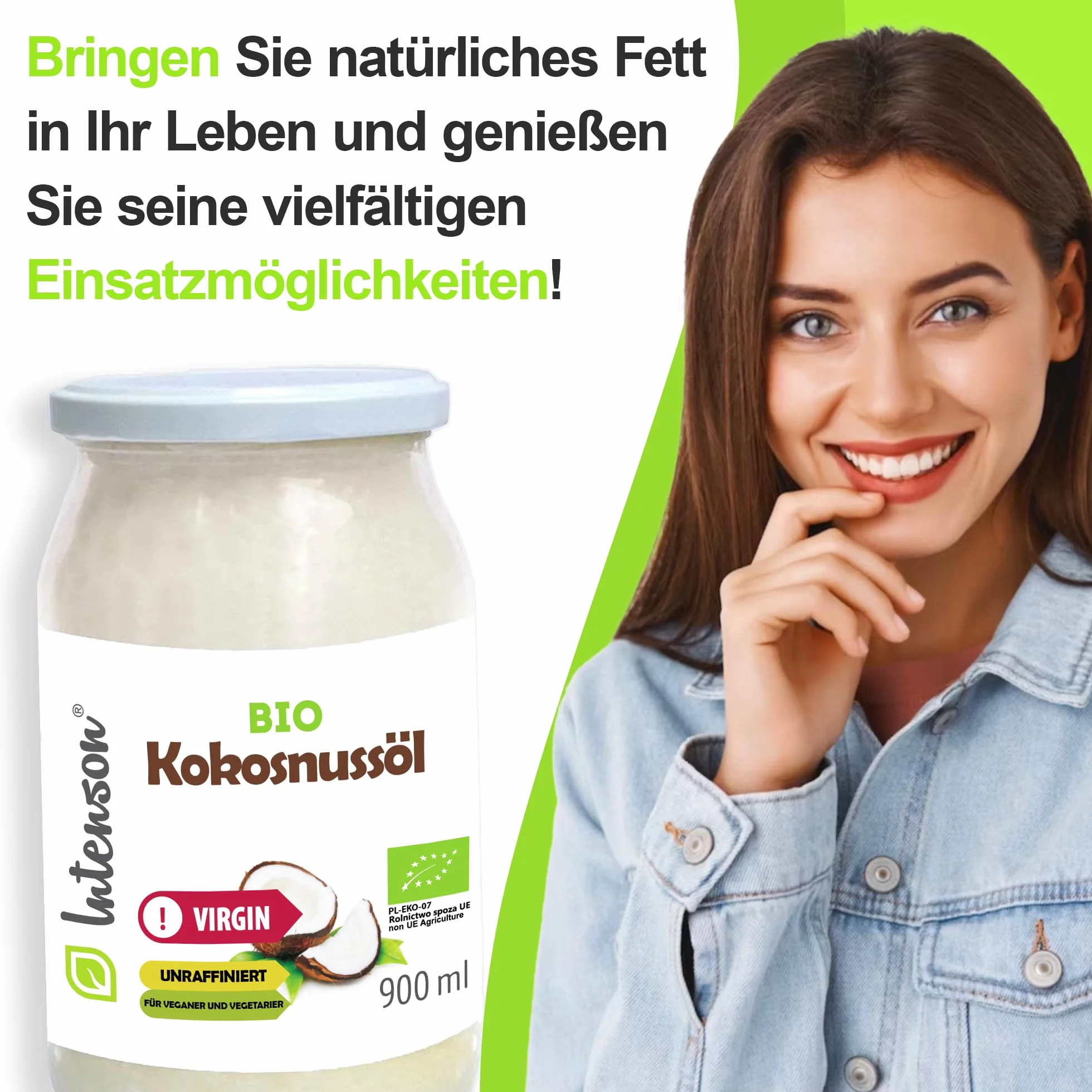 Intenson Organiczny Olej Kokosowy z pierwszego tłoczenia 900 ml Tłoczony na zimno Nierafinowany Wegański