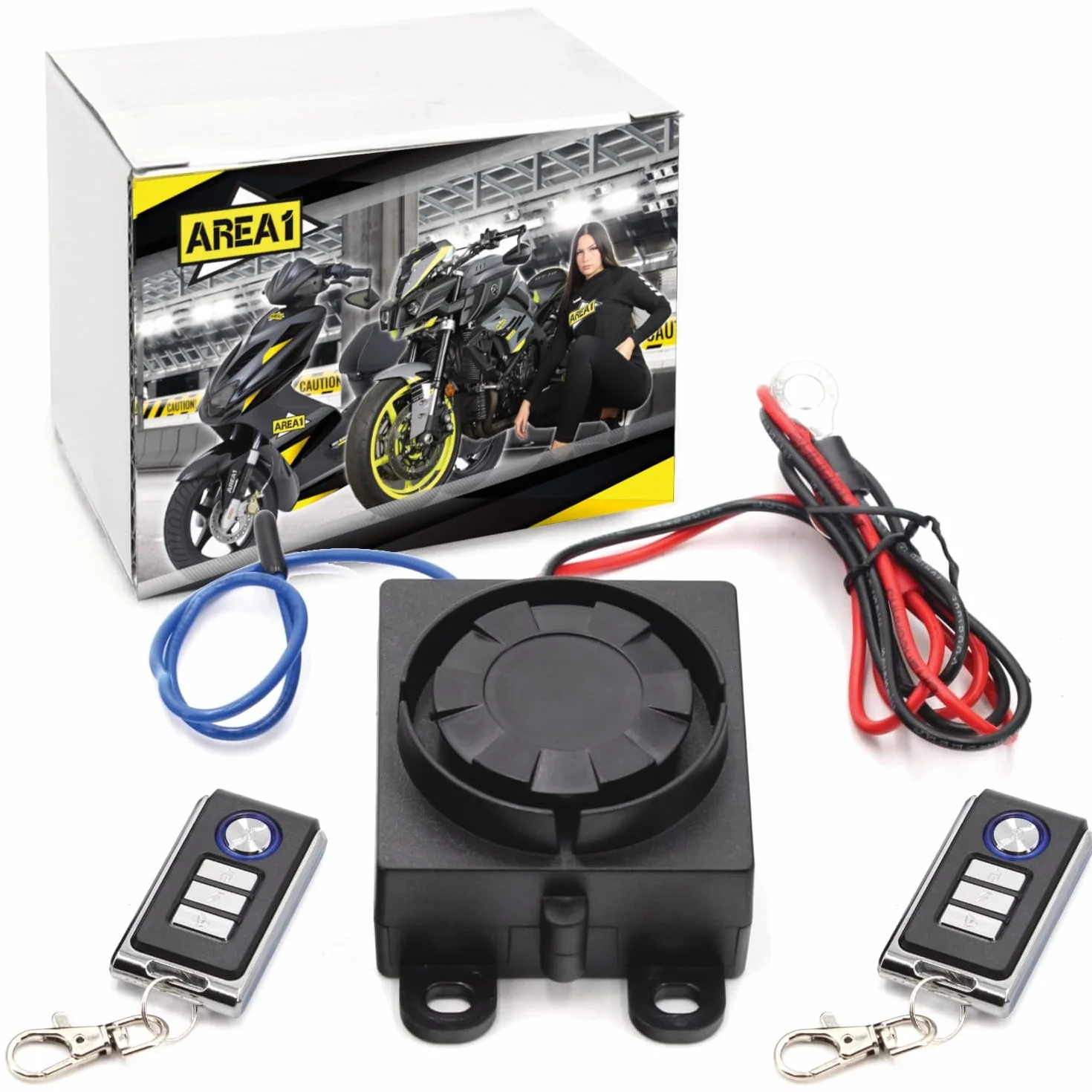 Area1 System alarmowy na skuter motocyklowy Easy 2 Fit łatwy montaż / 12 V/uniwersalny / 2 piloty radiowe / 125 dB/ochrona przed kradzieżą kompatybilny z