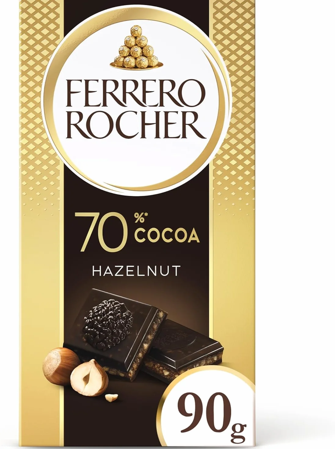 Ferrero Rocher batonik z ciemną czekoladą i orzechami laskowymi, batoniki czekoladowe, 55% ciemnej czekolady z chrupiącymi pełnymi orzechami laskowymi i nadzieniem kakaowym, (90 g)