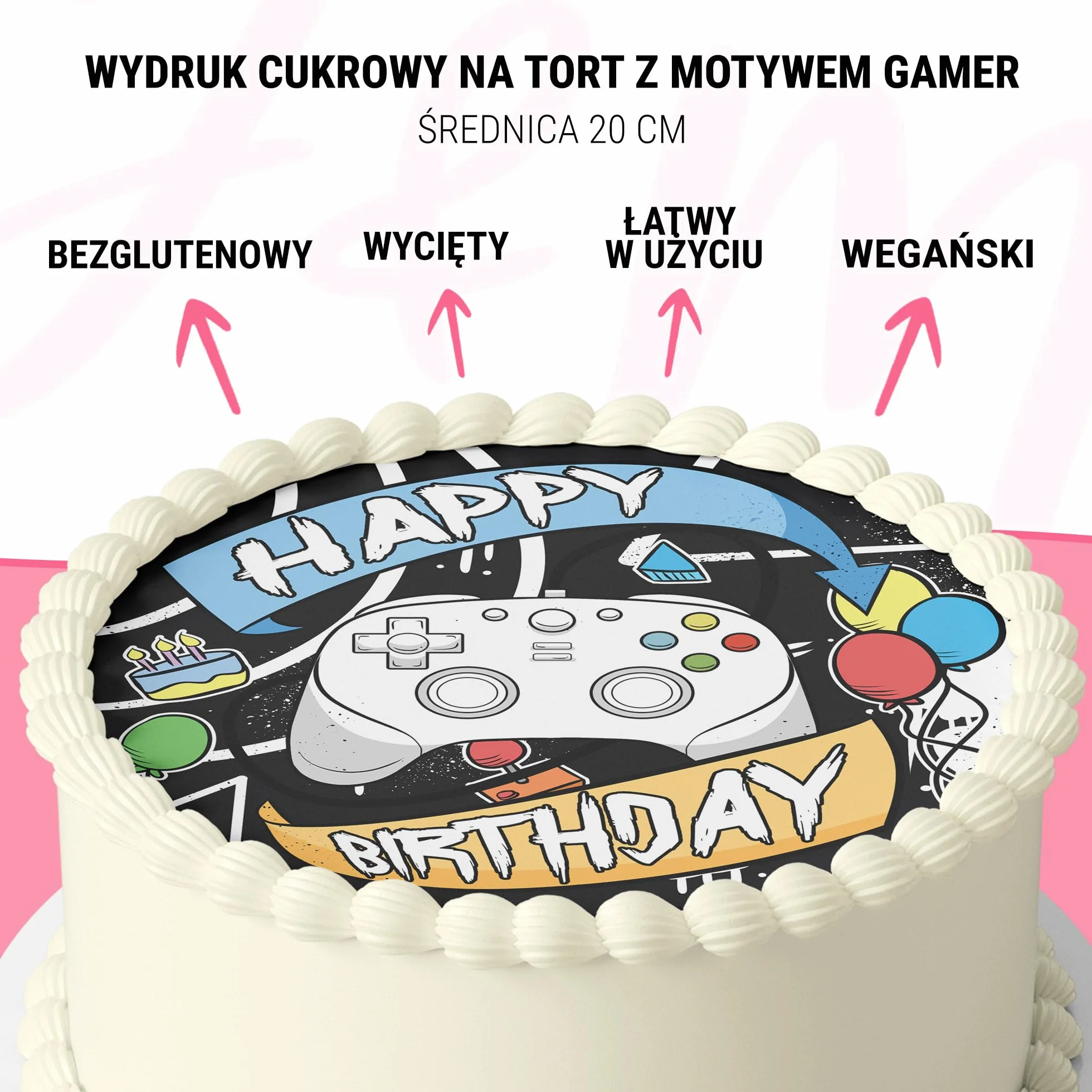 J&M DECO Nakładka na tort dla graczy Ø 20 cm jadalna dekoracja ciast z papieru cukrowego