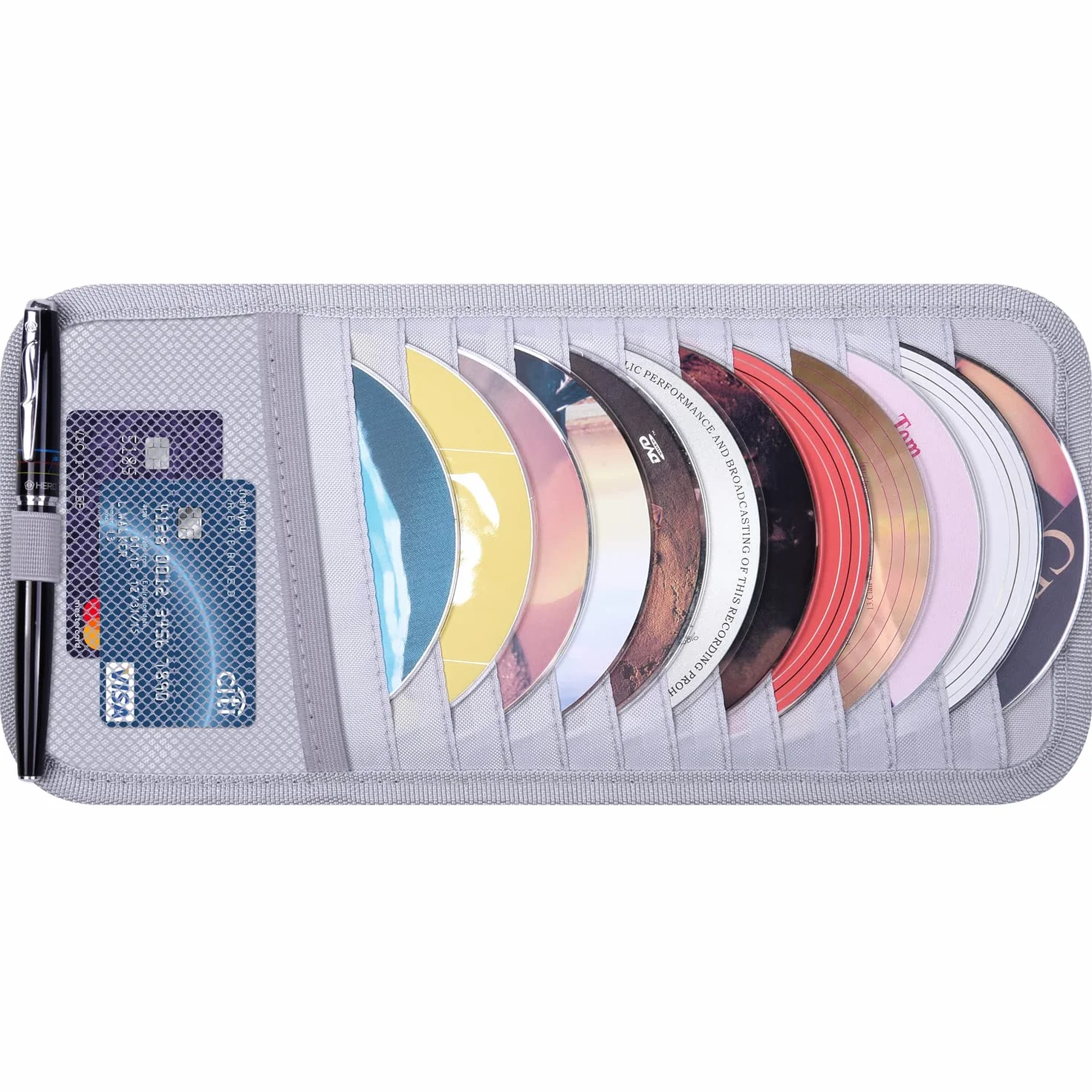 Wisdompro Samochodowe etui na płyty CD, organizer na osłonę przeciwsłoneczną, portfel do samochodów z 12 rękawami do przechowywania DVD, 1 kieszenią siatkową, 1 uchwytem na długopis i elastycznym