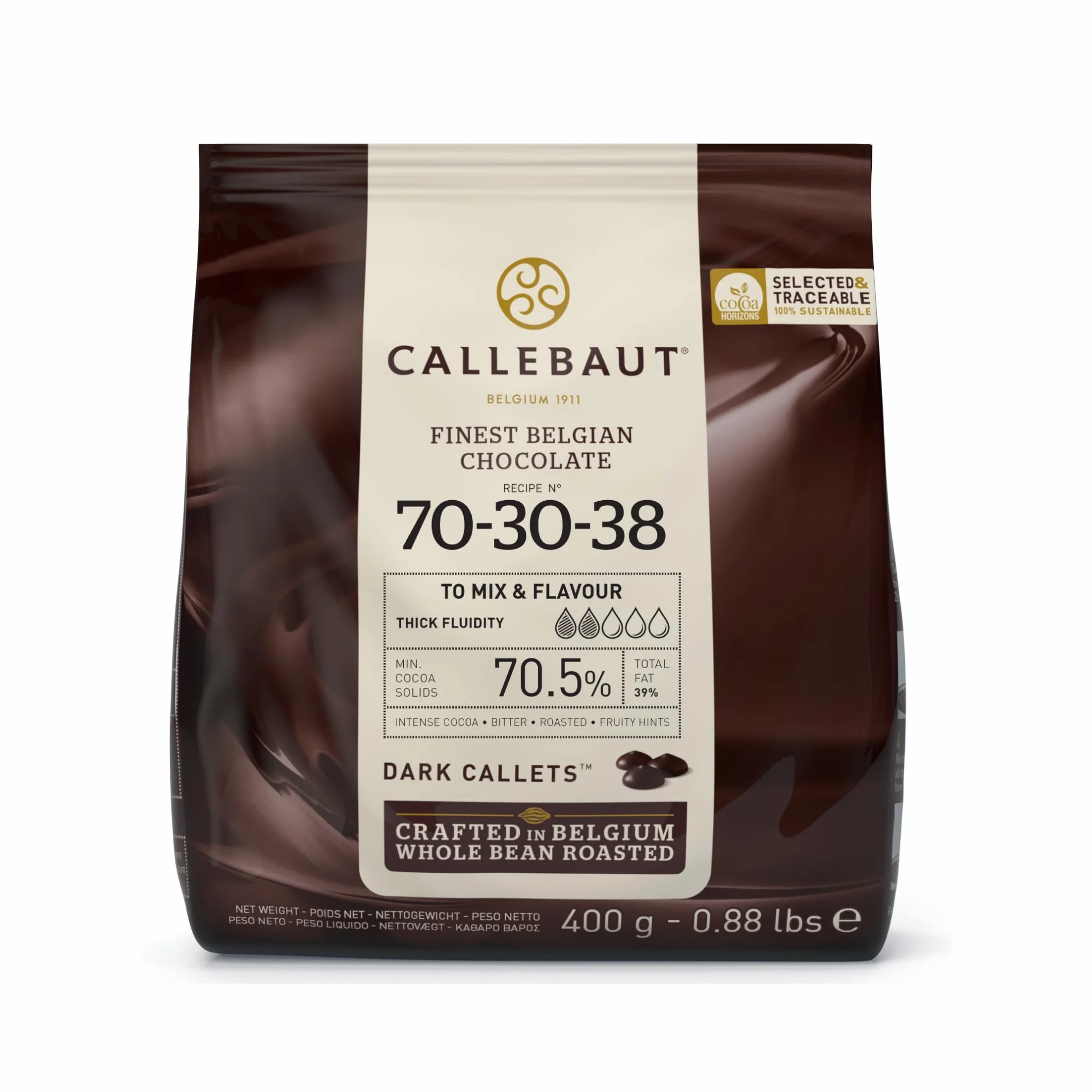 CALLEBAUT receptura nr 70-30-38 – kuwertura, delikatna gorzka czekolada, 70,5% kakao, 400 g, 1 opakowanie